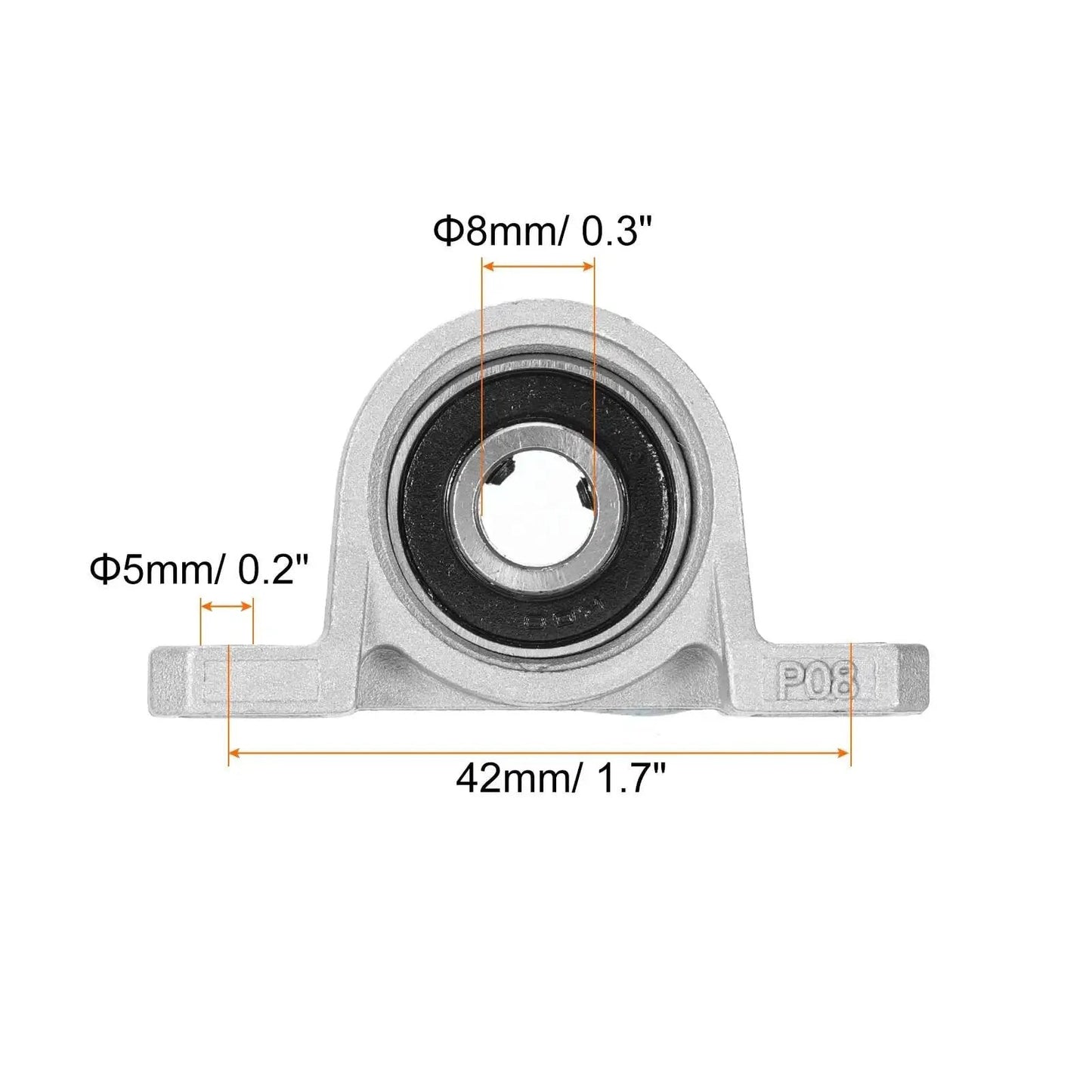 Front view of Self Aligning Pillow Block Bearing 8mm Bore Zinc Alloy Insert Bearing with Cast Iron Housing 55 x 13 x 28mm for machinery