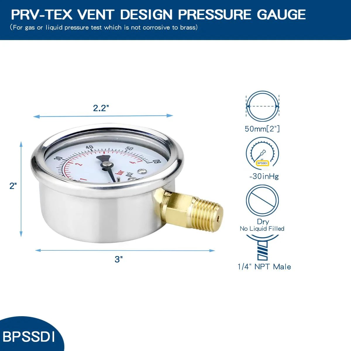 Rugged Vacuum And Pressure Gauge With 2.5 Inch Dial For Pneumatic Air Compressors RV Regulators And Testers, 30 InHg Vacuum, Psi And Bar Dual Scale, One Quarter Inch NPT Lower Mount, 304 Stainless Steel Case, Includes Tape.