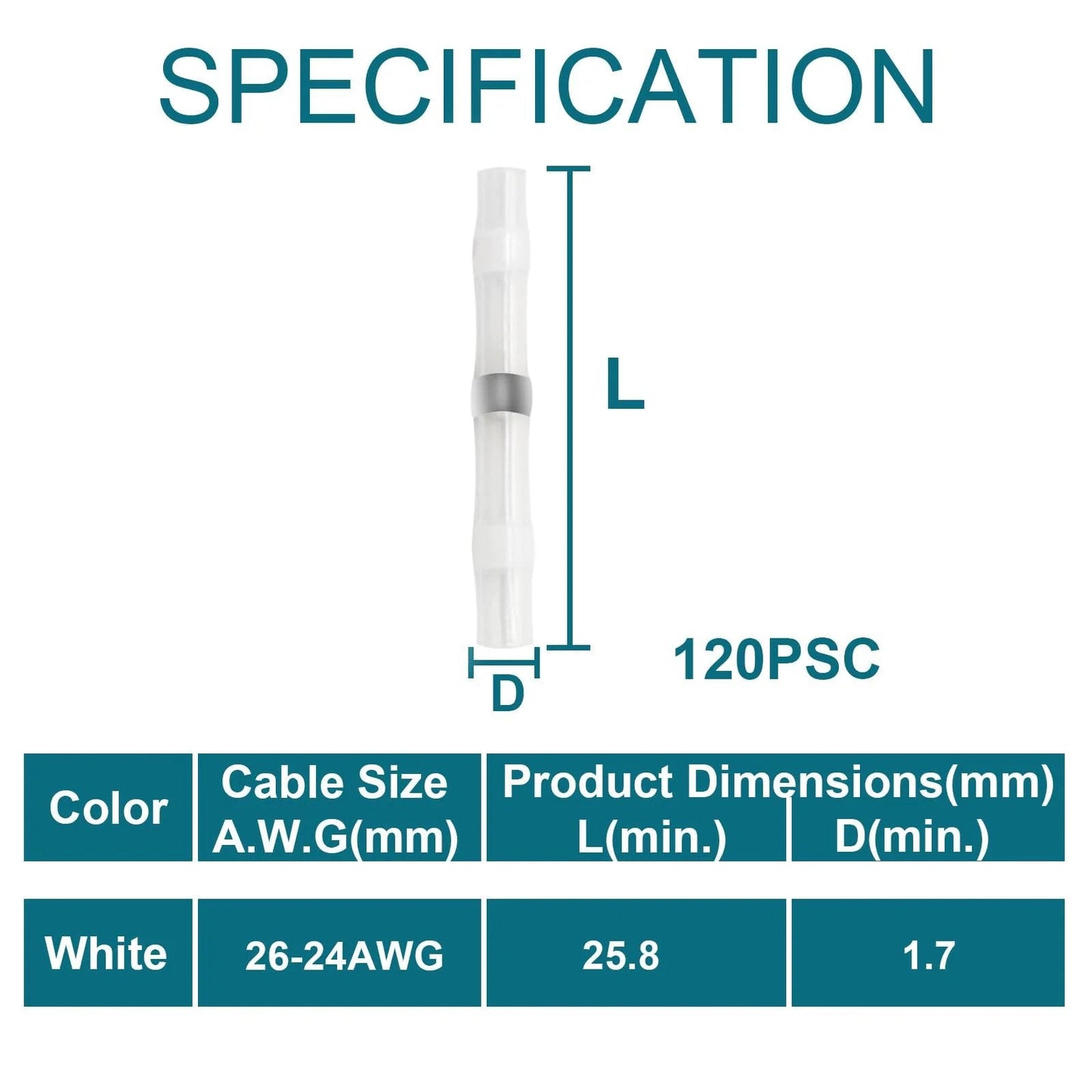 Specifications of Solder Seal Wire Connectors Kit With Heat Shrink Waterproof Butt Connectors For 26-24 AWG Cables, 120Pcs
