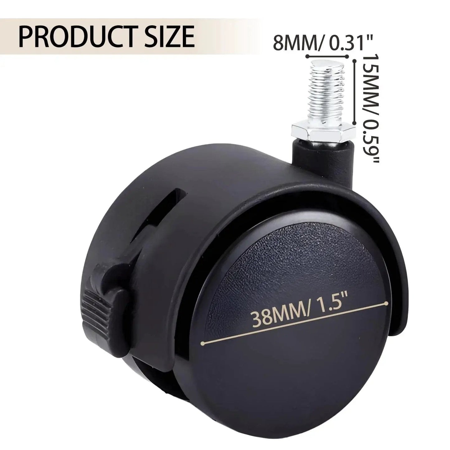 Side view of 1.5 Inch M8 Threaded Stem Casters With Brakes Black Nylon Furniture Casters showing dimensions.