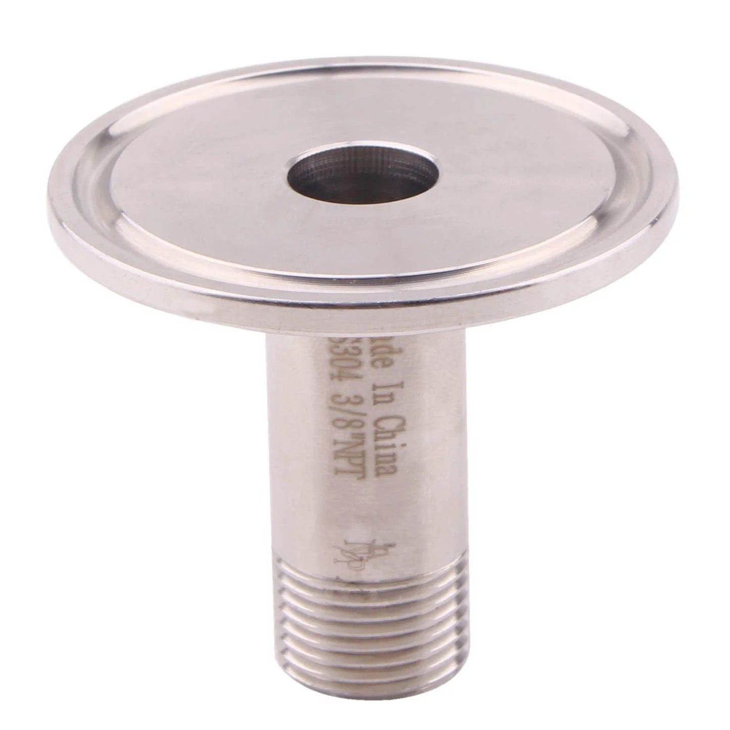 Stainless Steel 304 Tri Clamp Pipe Fitting To 1.5 Inch Ferrule For 50.5mm Connection With 3/8 Inch NPT Thread And High Temp Silicone Gasket Included Heavy Duty Sanitary Food Grade Fittings For Dairy Beverage Applications, showing side view.