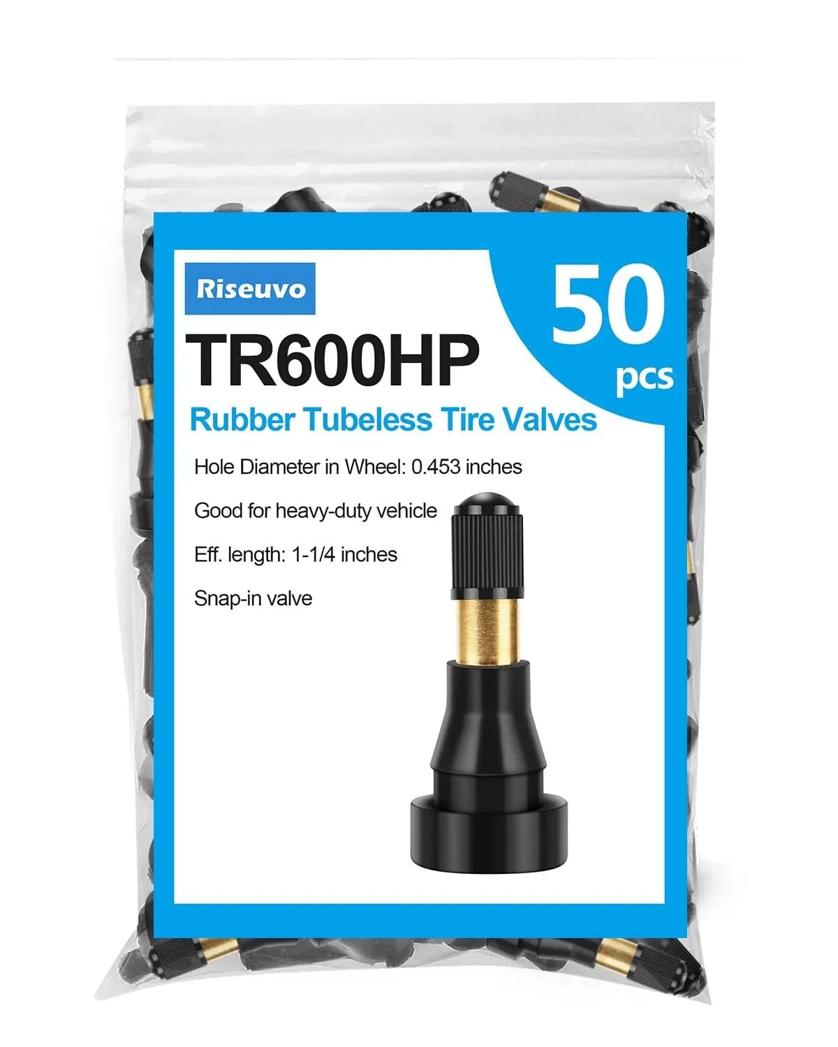 50 Pack TR600HP High Pressure Tire Valve Stems Riseuvo Rubber Snap In For 0.453 Inch Rim Holes Heavy Duty Airtight Seal For Trucks Trailers Cars And Motorcycles