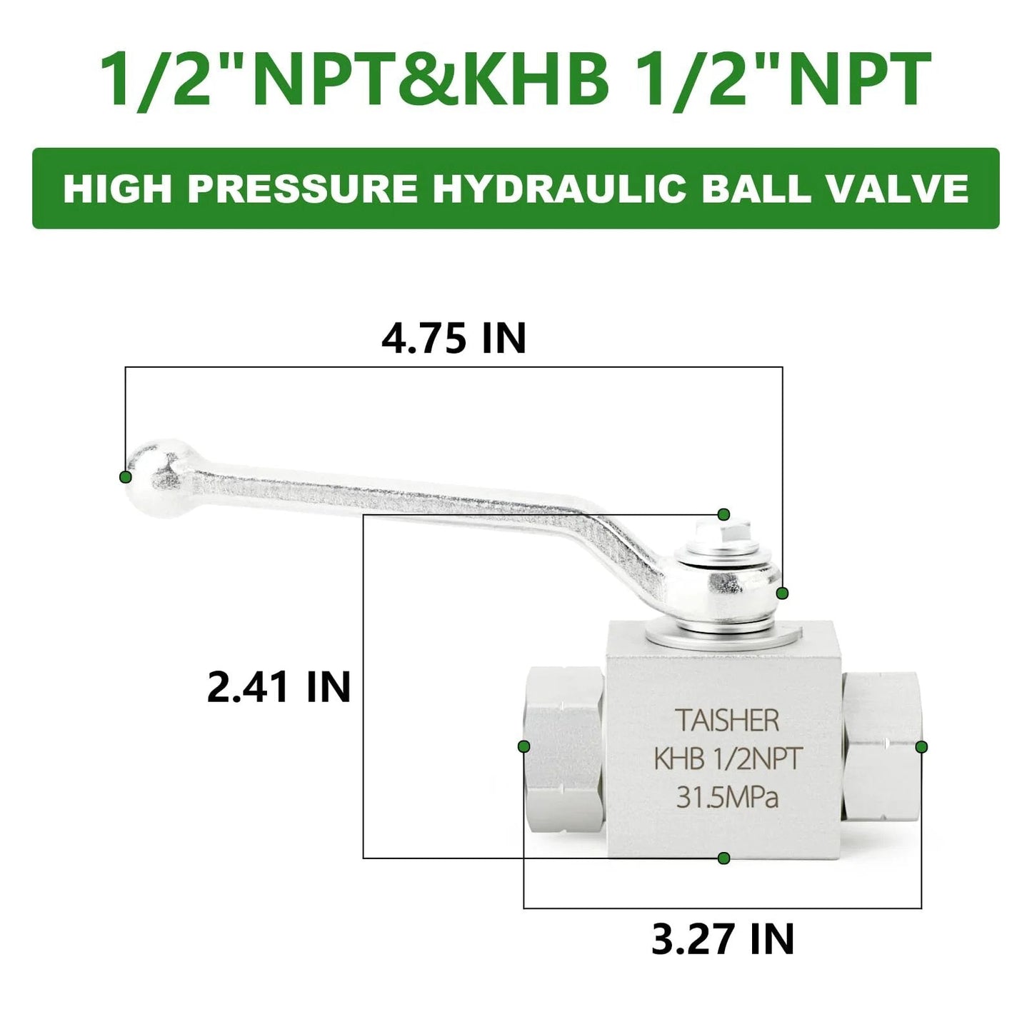 Diagram of Heavy-Duty 1/2 Inch NPT High Pressure Hydraulic Ball Valve With Carbon Steel Body, Galvanized Finish, in front view.