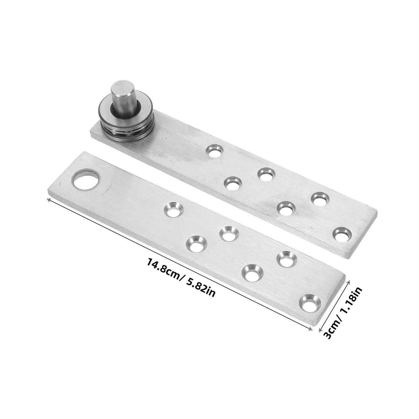 Heavy Duty 360 Degree Hidden Door Hinge in Stainless Steel for Wood Doors with dimensions marked, focus on pivot and holes.