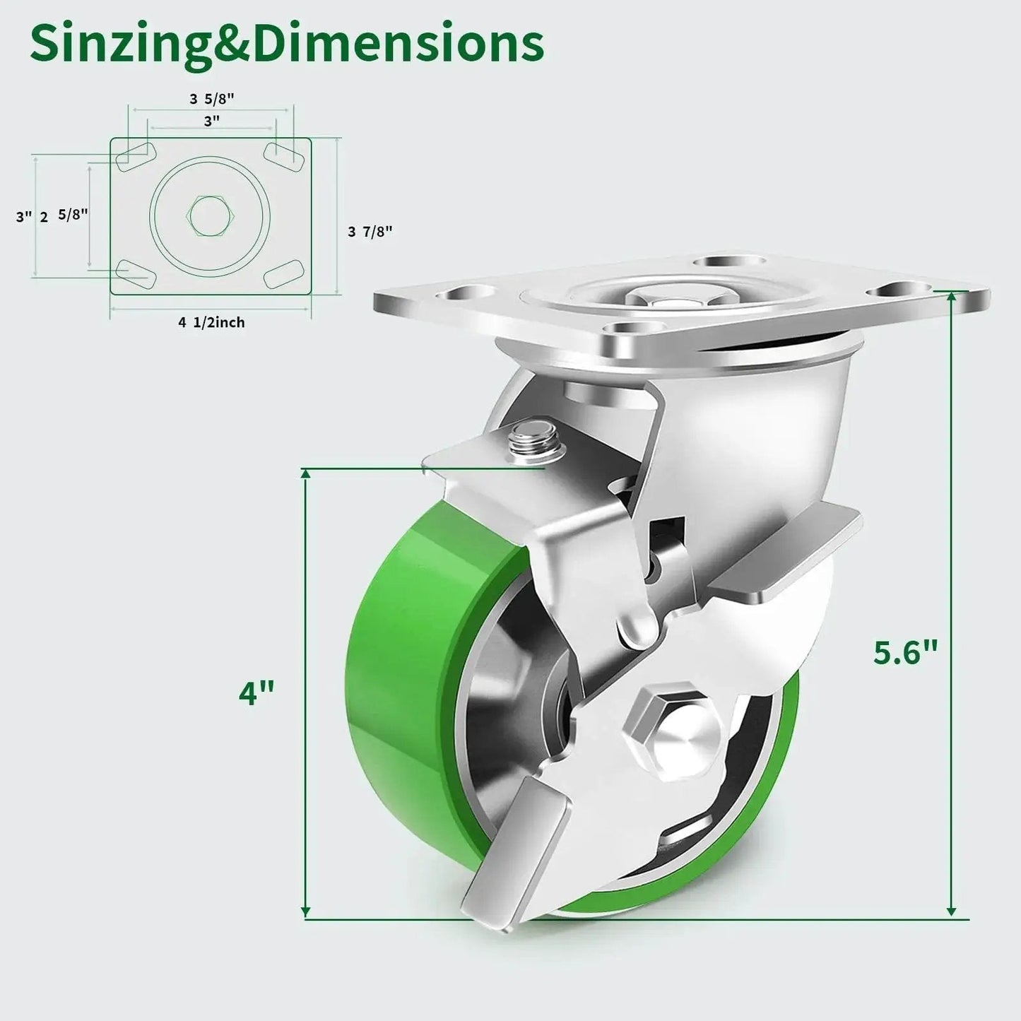 Diagram of 4 Inch Heavy Duty Industrial Grade Caster Set Of 4 With Swivel Casters And Brake, Maintenance Free Aluminum Core PU Wheels