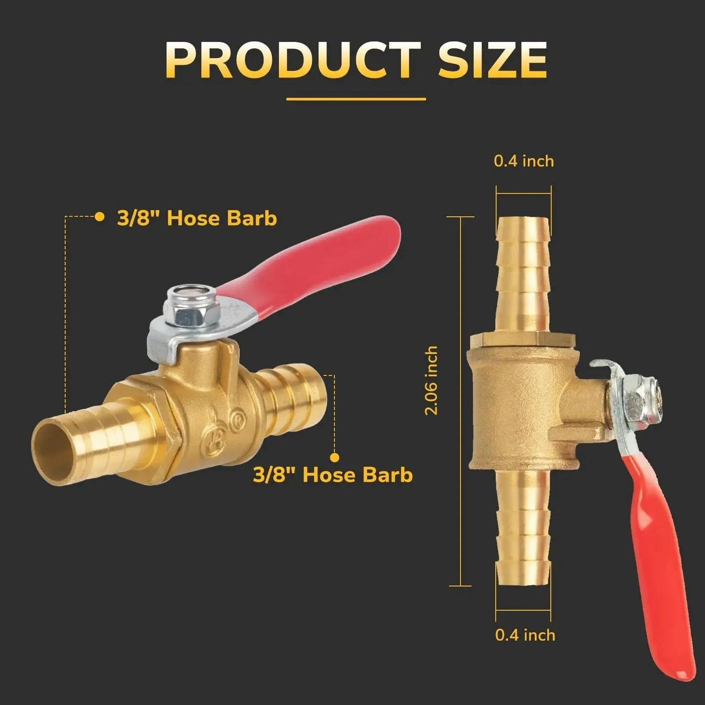 Beefy Three Eighths Inch Barb Shut Off Ball Valve For Air Water And Fuel Lines With Brass Fittings And Four Stainless Steel Clamps 2 Pack By KAINGA shown with size dimensions.