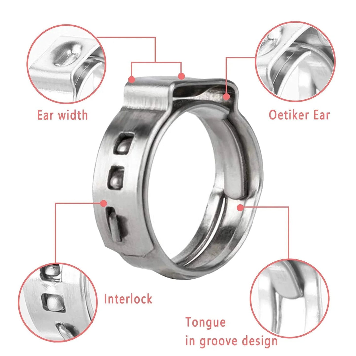Close-up view of 40 Pack 15.3mm To 18.5mm Single Ear Hose Clamps PEX Cinch Clamps Stainless Steel 304 Crimp Hose Clamp illustrating features.
