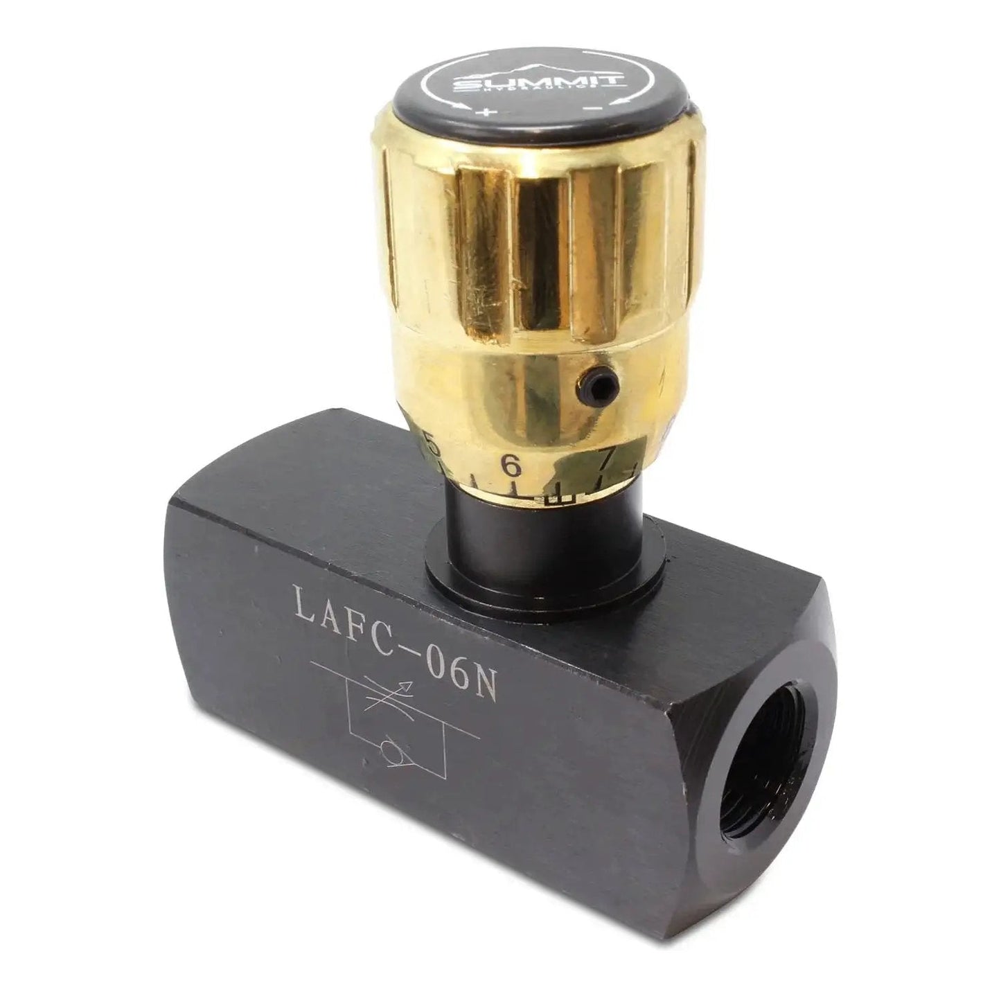 In-Line Adjustable Flow Control Valve With Free Reverse Flow For Hydraulic Systems Three Eighths Inch NPT 5000 PSI Buna N O Ring Seals Zinc Adjustment Knob Summit Hydraulics Heavy Duty