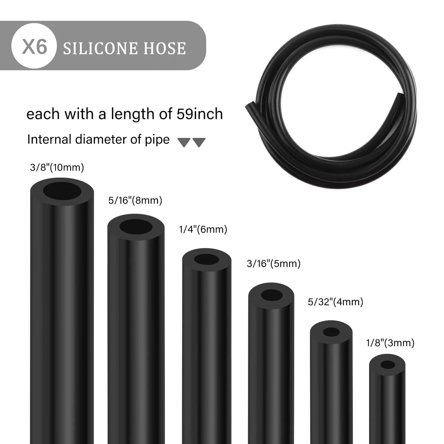 Six Piece 4.9 Ft Silicone Vacuum Hose Kit With Tube Cutter For Automotive Air And Water Lines, Multiple Inner Diameters