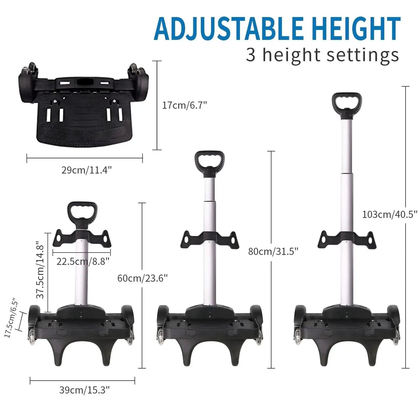 Foldable Backpack Trolley With Aluminum Alloy Frame showing adjustable height settings and six-wheel base for school bags and travel