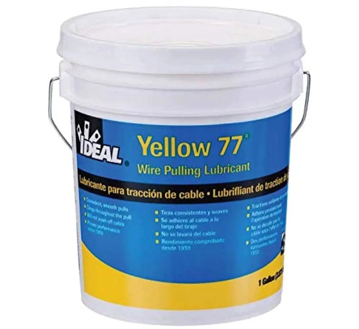 Front view of Yellow 77 Cable Lubricant For Electrical Installations, 1 Gallon, labeled container, for wire pulling, white bucket design.