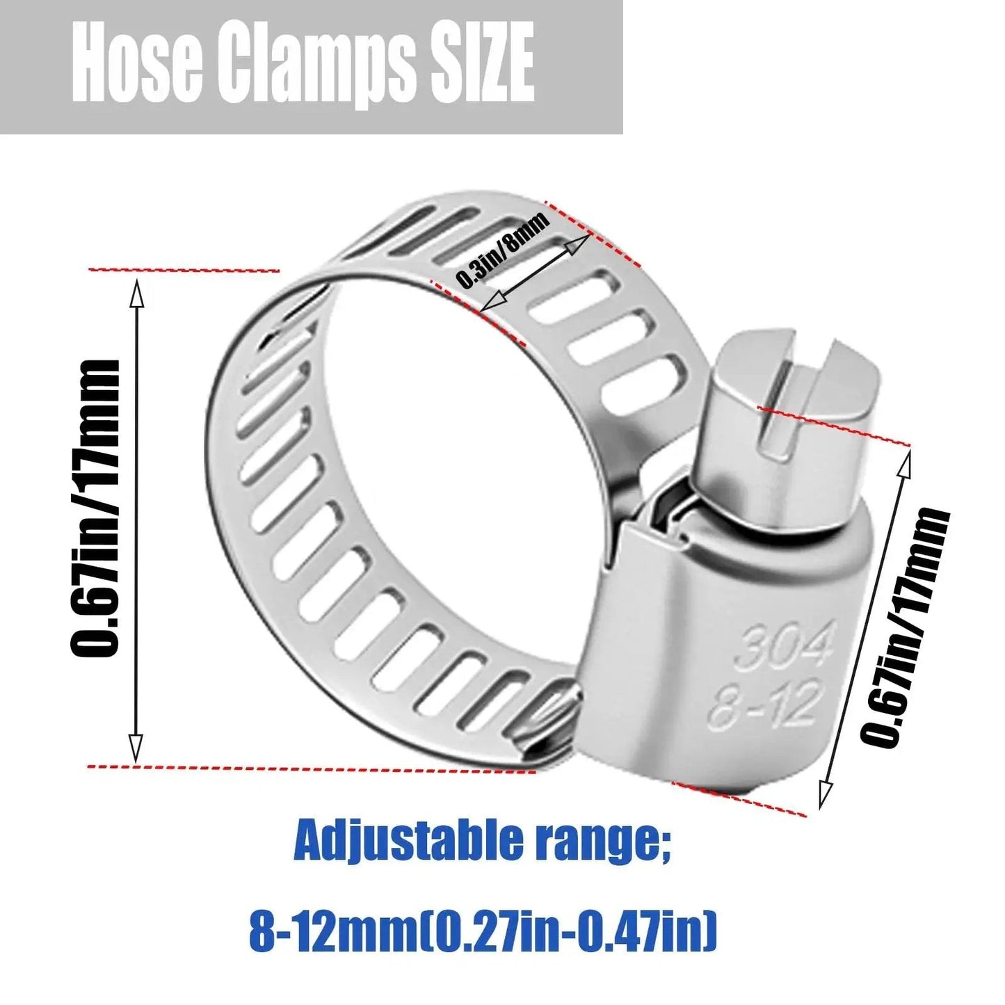 Close-up of 25 Pcs 0.3-0.5 Inch 8-12 Mm Hose Clamps 304 Stainless Steel Adjustable Worm Gear Fuel Line Clamp with size chart.