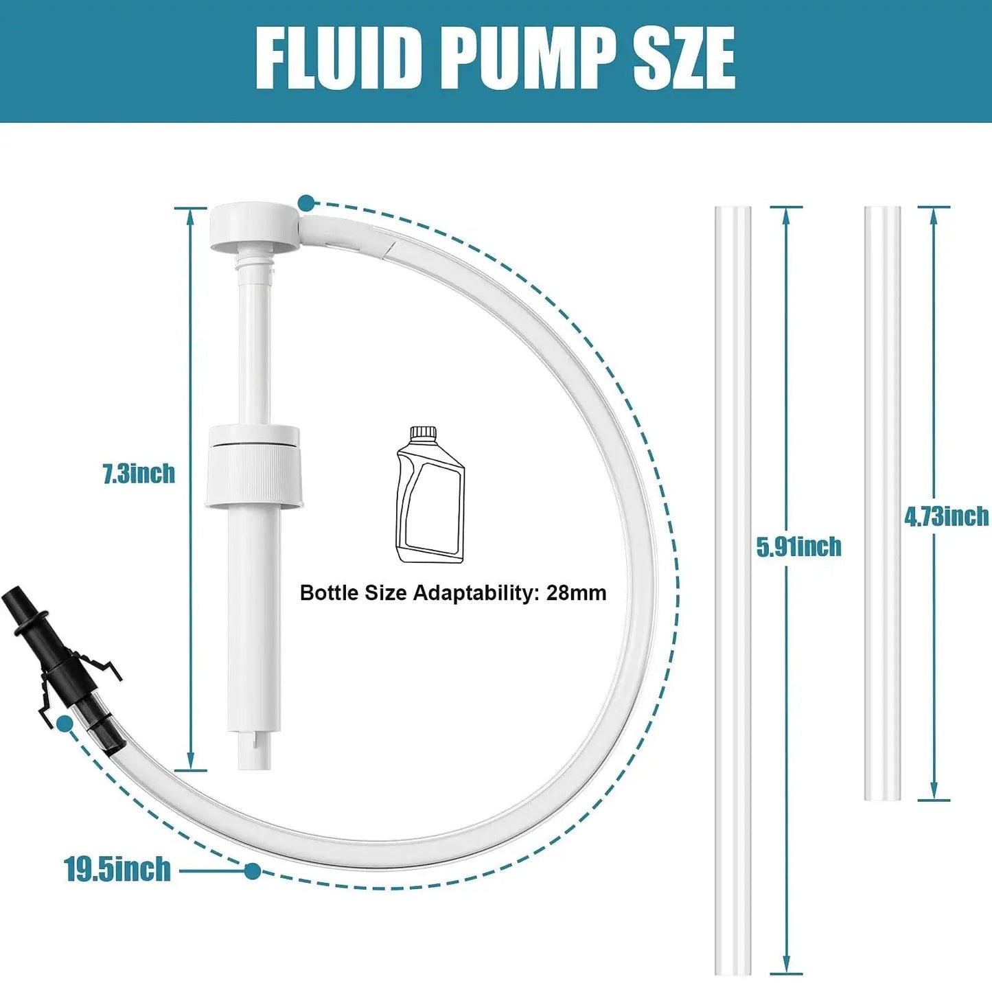 Diagram showing dimensions of the Transmission Fluid Pump For Quart Bottles With 8cc Per Stroke And 28mm Cap, with 19.5-inch length tube.