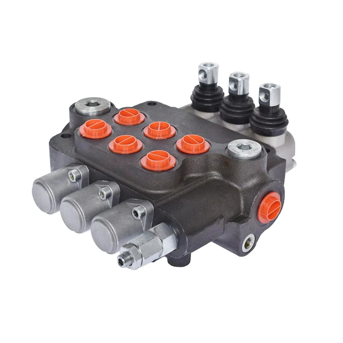 Three Spool Hydraulic Directional Control Valve for Loaders and Tractors with 21 GPM flow and 3625 PSI rating SAE ports front view