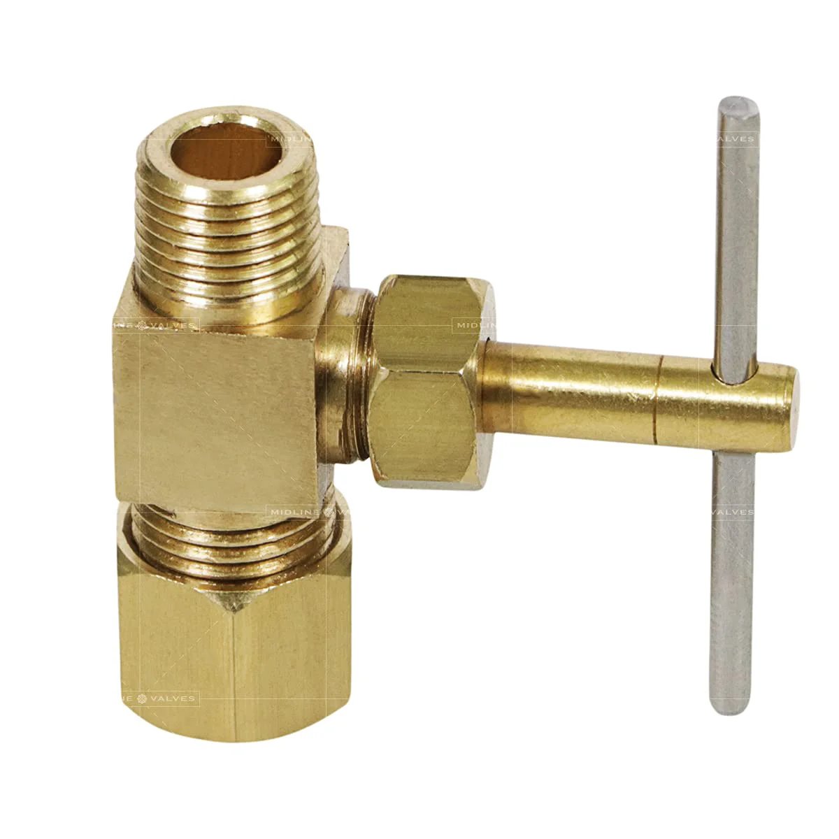 One Quarter Inch Compression To One Eighth Inch MIP Straight Needle Valve In Lead Free Brass, one piece body for durability