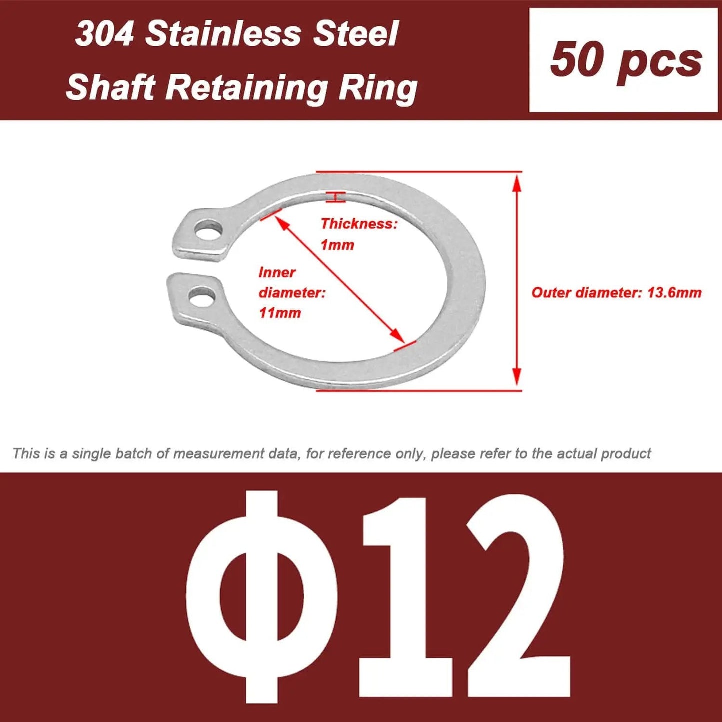 Image of a 50 Pcs 304 Stainless Steel External Circlips C Clip Snap Rings Set For Bearings And Electrical Appliances In 11 12 13 14 Mm Rust Resistant For Indoor And Outdoor Use, focusing on a single ring with dimensions.