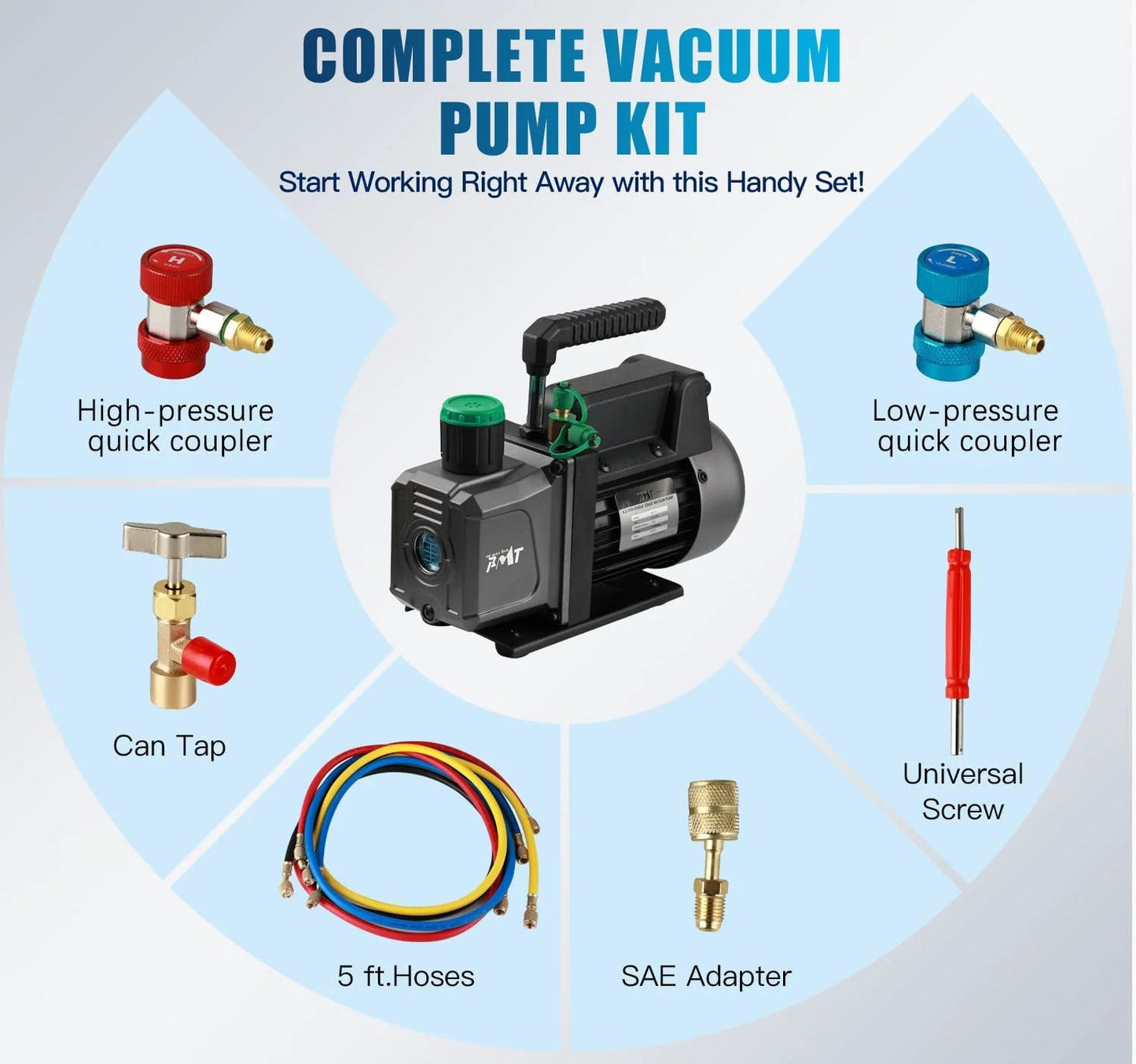 Pro Grade Auto AC Service Kit With One Third Horsepower Vacuum Pump And Three Way Manifold Gauge For R134a R12 R22 R502 Includes Puncture Can Tap Quick Adapters And 48 Inch Hoses PB MOTOR TECH