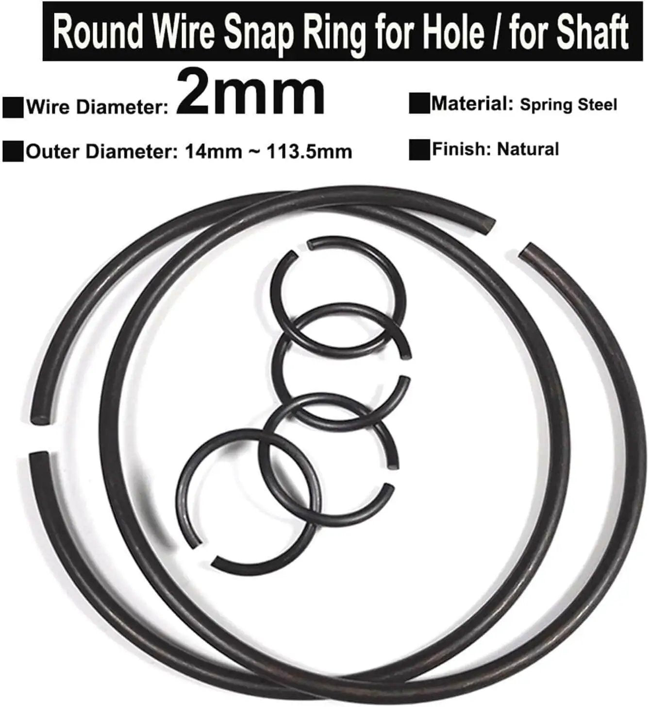 Round Wire Snap Rings Set Of 10 For Shafts And Holes 2mm Wire Diameter Spring Steel Retaining Circlips Fits OD 14mm To 113.5mm Great For Bearings Cylinders Auto Valves And Machinery