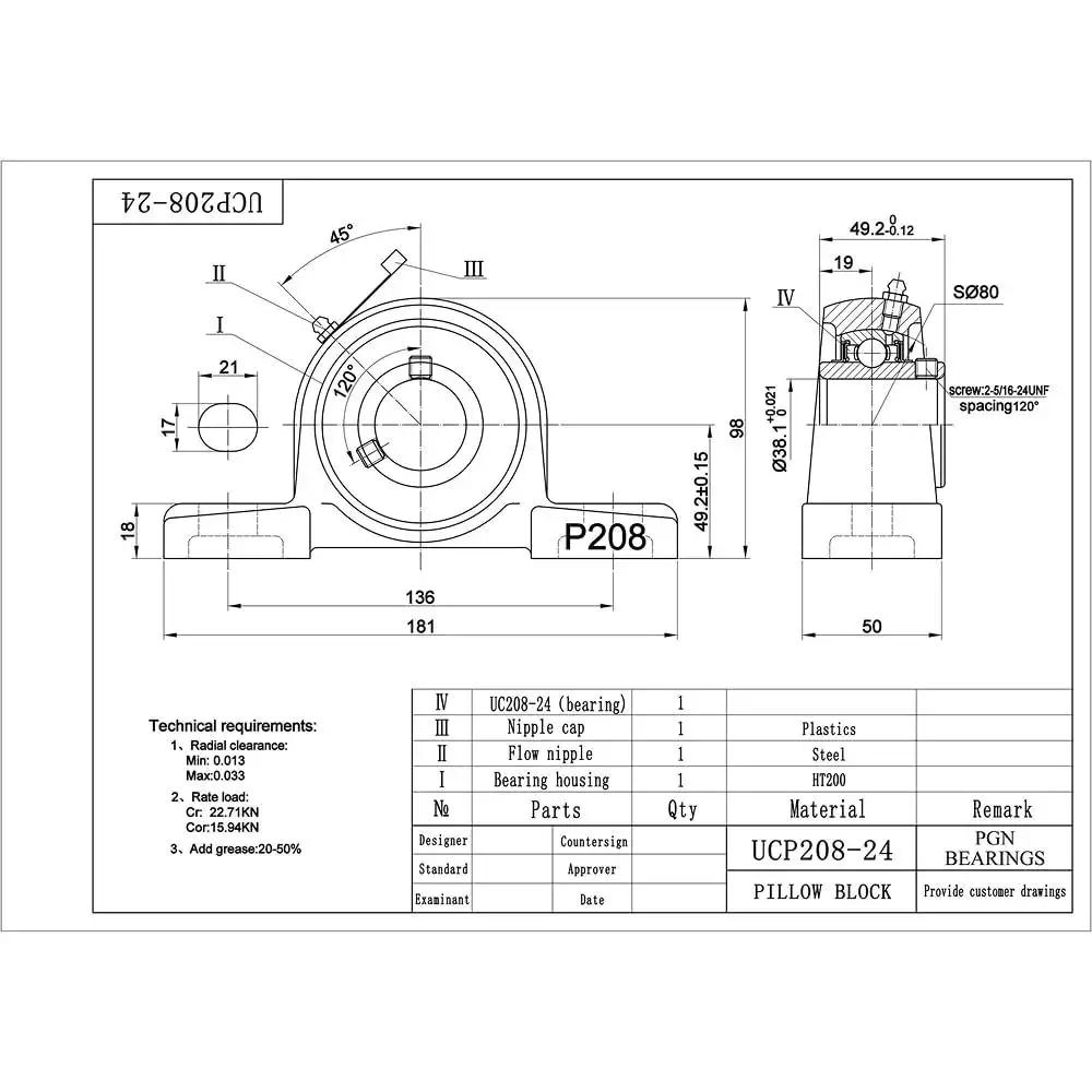 Technical drawing of Mounted Pillow Block Bearings Pack Of 2 Self Aligning Chrome Steel UCP208 24 One And A Half Inch Bore