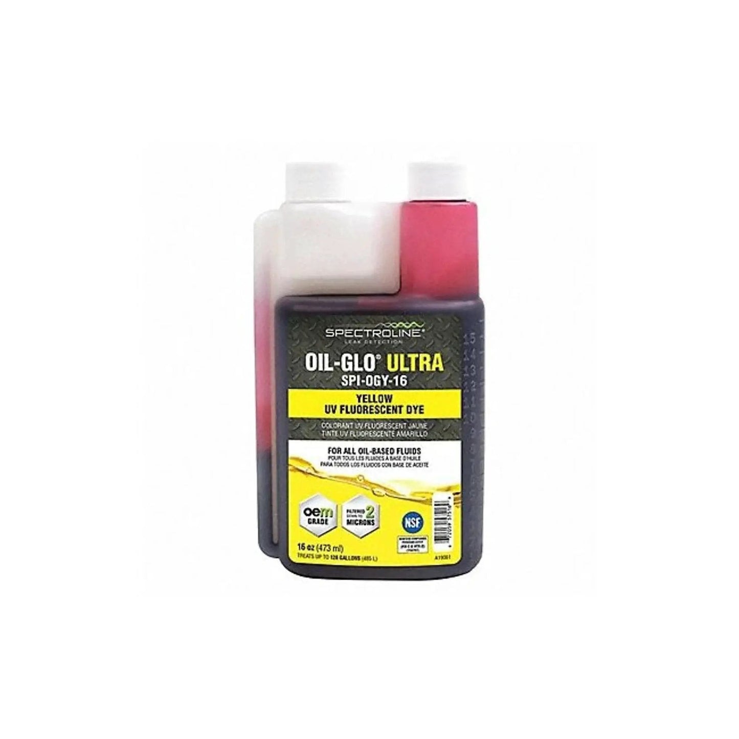 Oil-Glo 20-P Fluorescent Leak Detection Dye Glows Yellow for Leaks in a dual-chamber plastic bottle, front view.