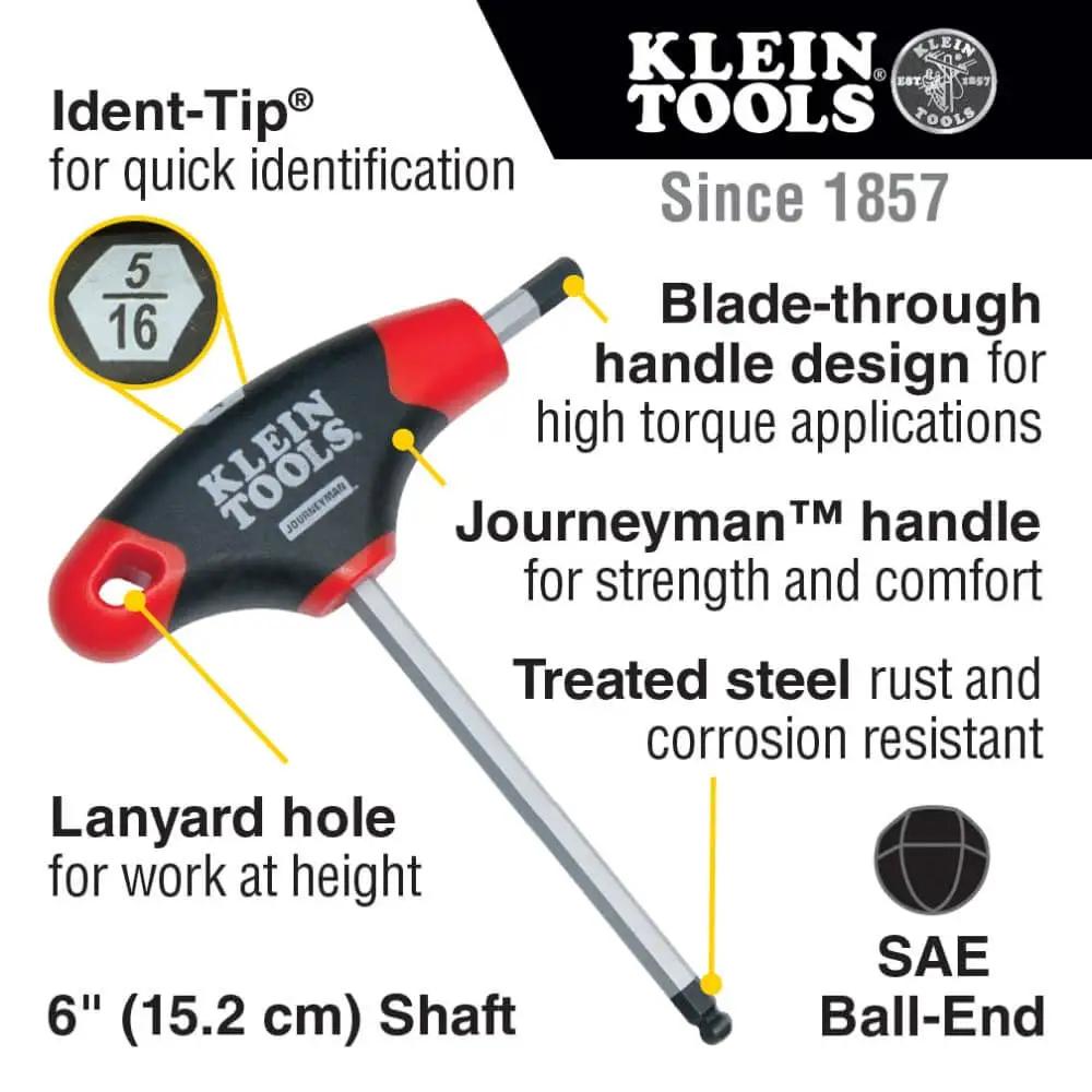 Ball End Hex Key Set With 6 Inch Blades For Angled Access And Tight Spots 10 Piece SAE Inch Wrench Kit With Stand Pro Grade Journeyman Dual Material Handles Rust Resistant Treated Steel Double Ended Keys Klein Tools showing handle and features.