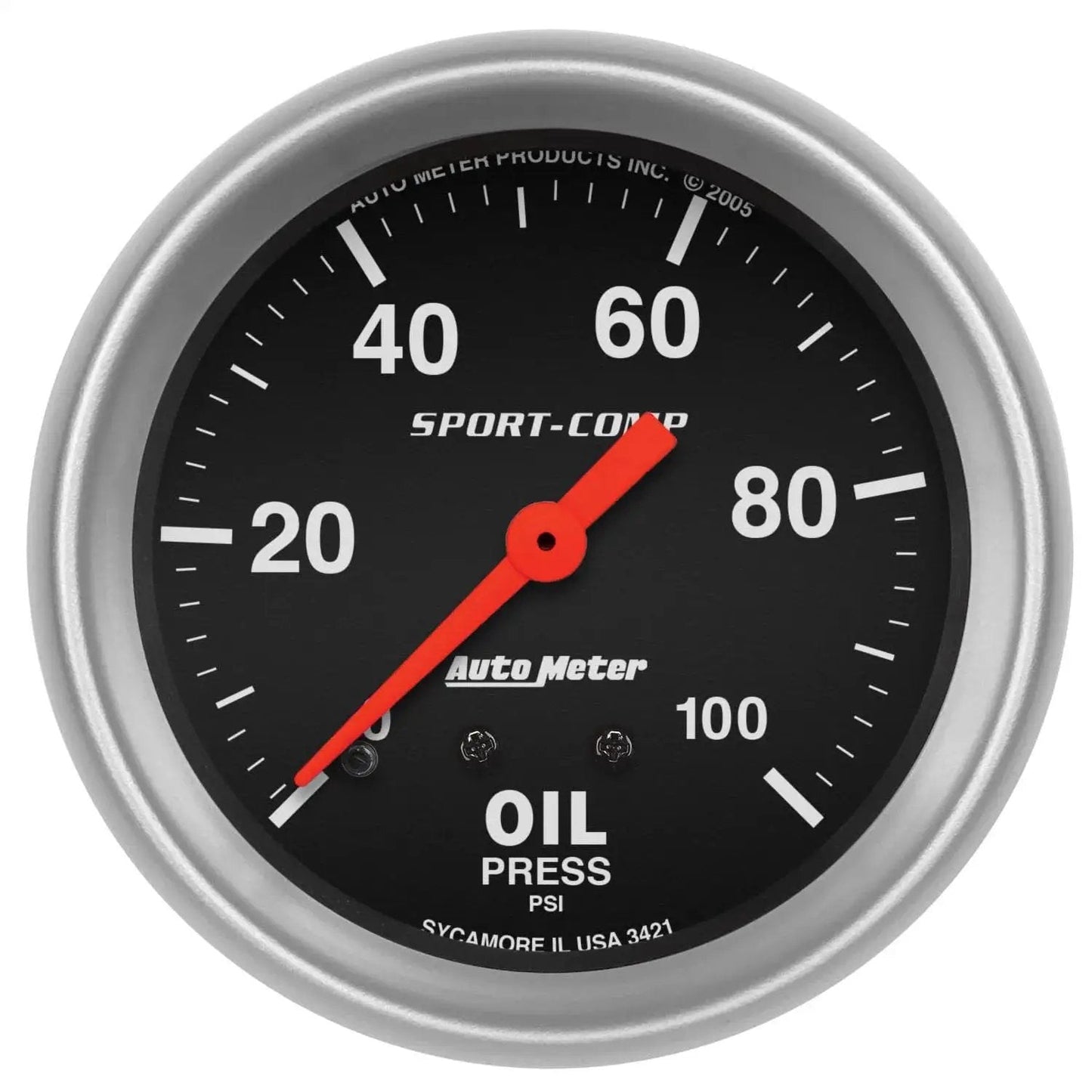 Front view of Sport Comp Mechanical Oil Pressure Gauge with a 2-5/8 inch dial, incandescent perimeter lighting, Auto Meter quality.