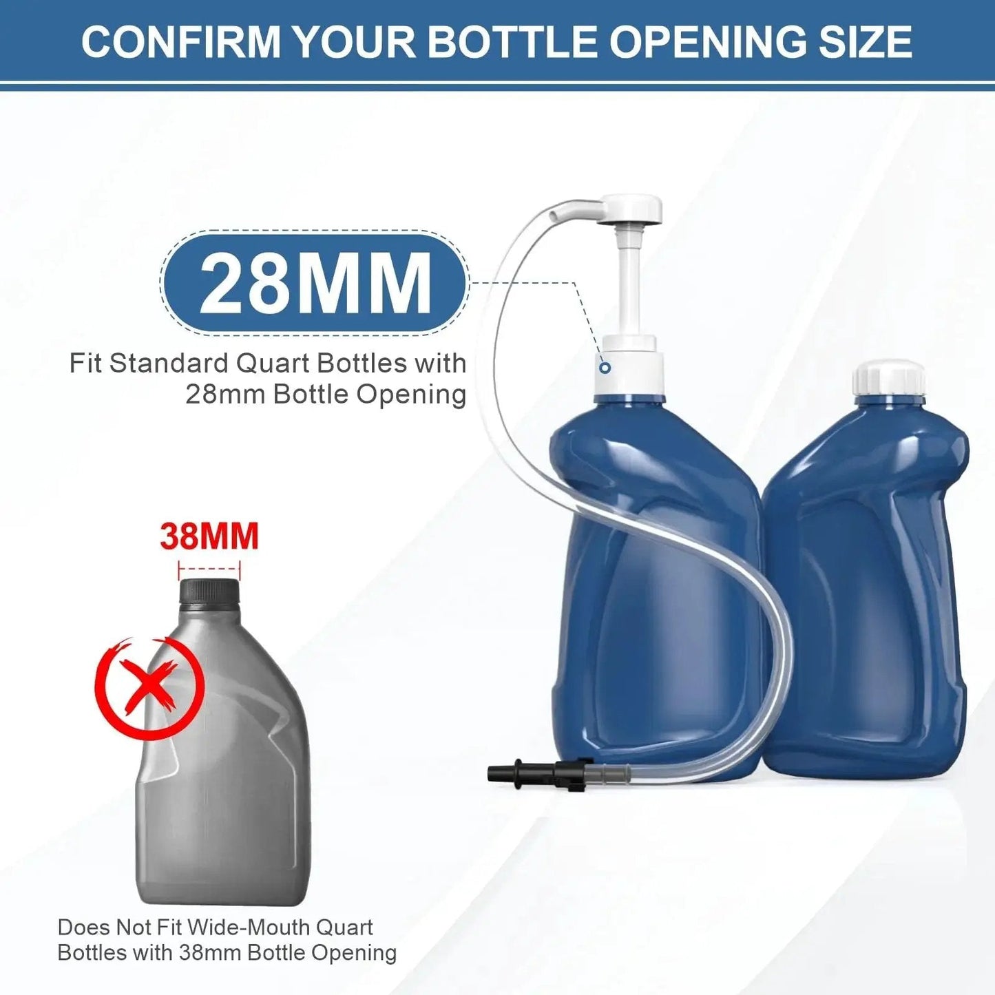 Two Pack Fluid Pump For Quart Bottles With 10cc Stroke And 3rd Hand Adapter showing fit on 28mm bottle opening