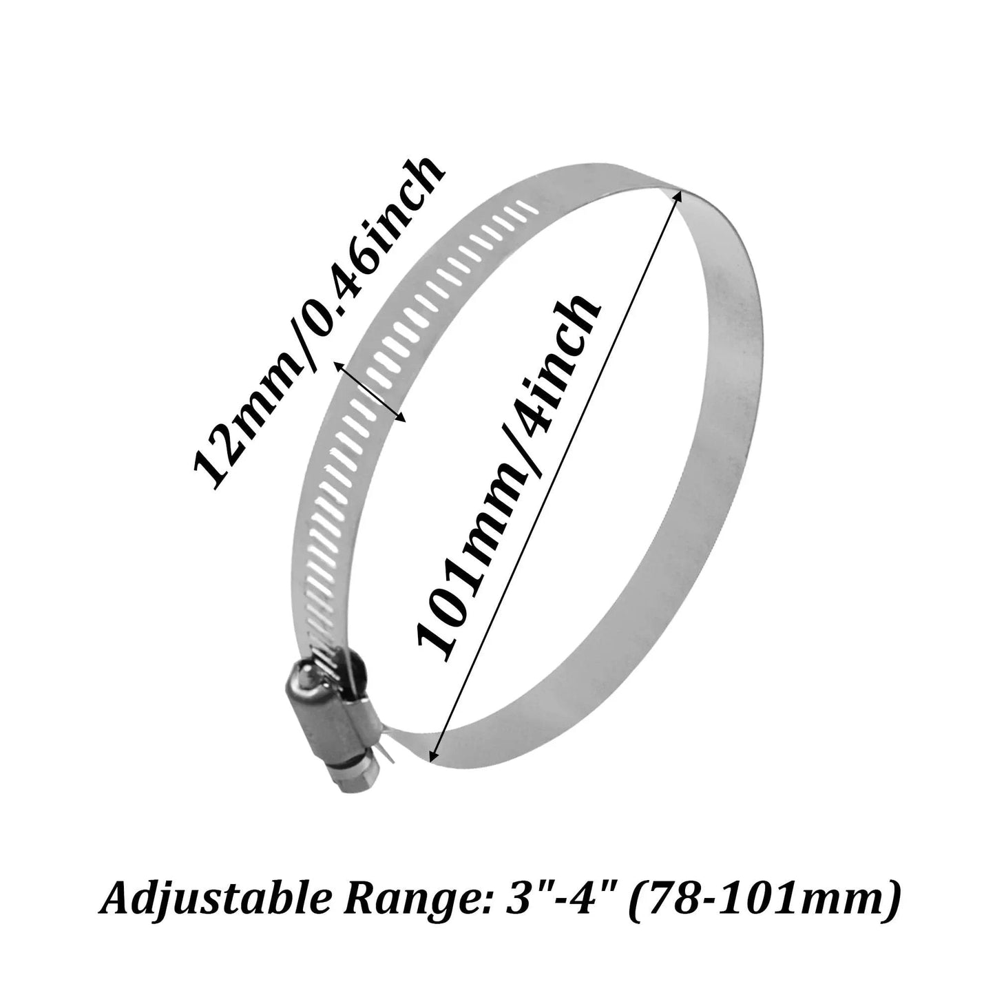6 Pack Adjustable 3.5 Inch 304 Stainless Steel Hose Clamps Worm Gear Duct Clamp For Air Ducting Automotive Plumbing And Mechanical Applications Fits Three To Four Inch Hoses 78 To 101 Mm shown in adjustable circular shape