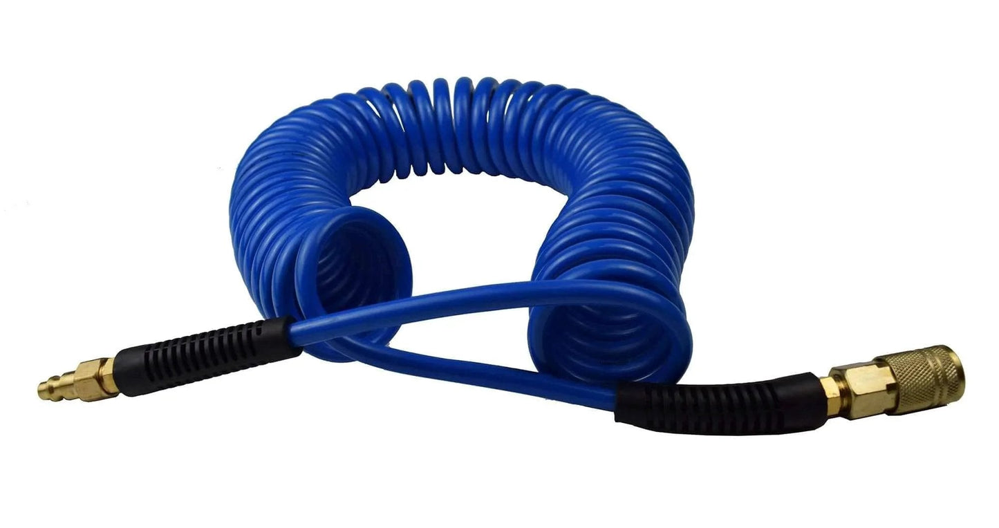 Polyurethane Recoil Air Hose One Quarter Inch Inner Diameter By Twenty Five Feet With Bend Restrictor And Industrial Quick Coupler And Plug Blue