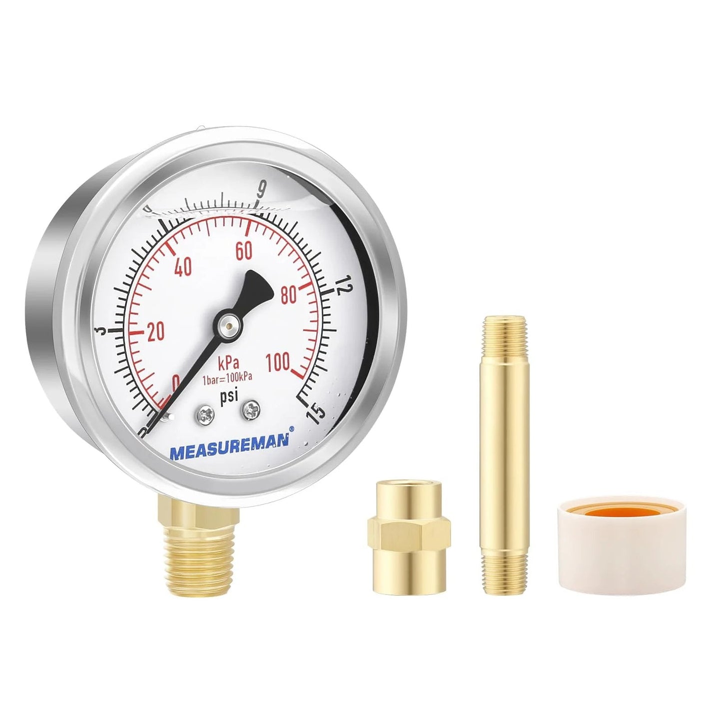 Heavy Duty Liquid Filled Air Gauge Kit For Portable Oil Fired Heaters 0 To 15 PSI, Pro Grade Dial, components visible