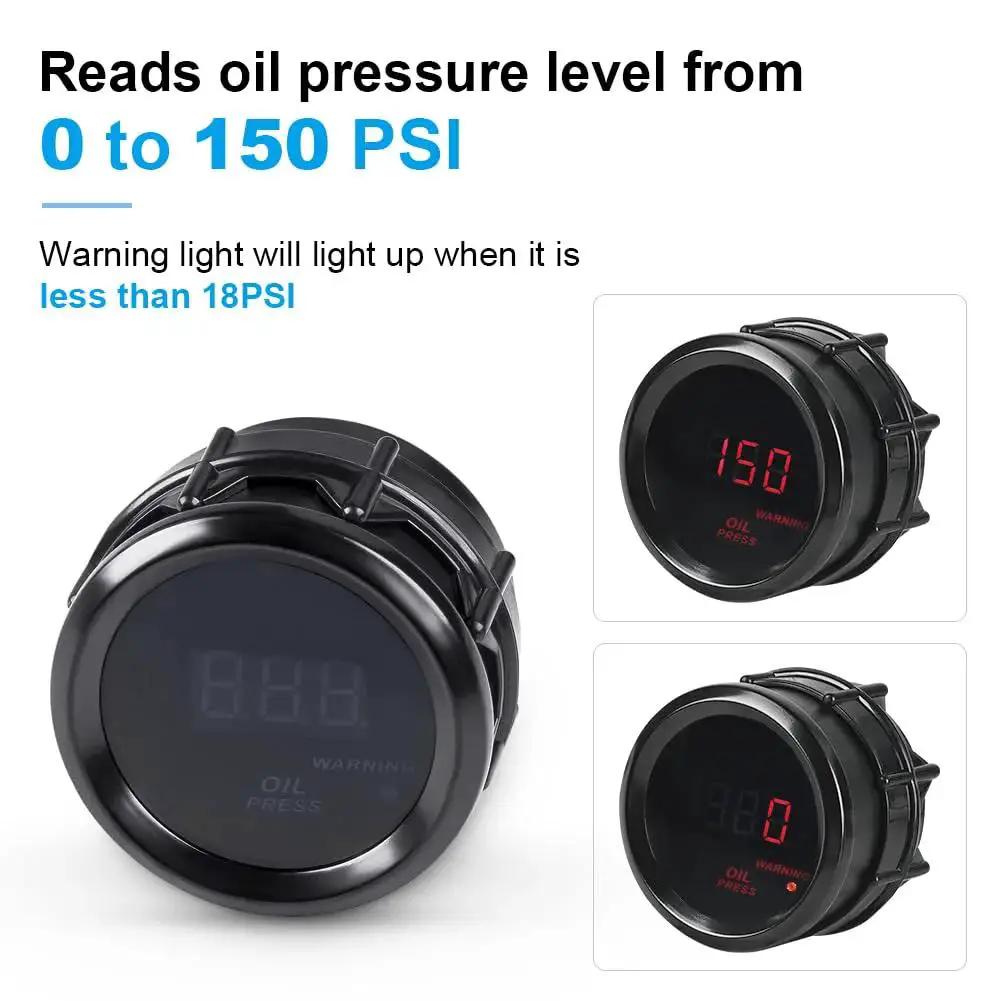 2 Inch Oil Pressure Gauge 0 to 150 PSI DC 12V Gauge Kit with 52mm Dial and Red Night LED Backlight for Automotive Use, front view