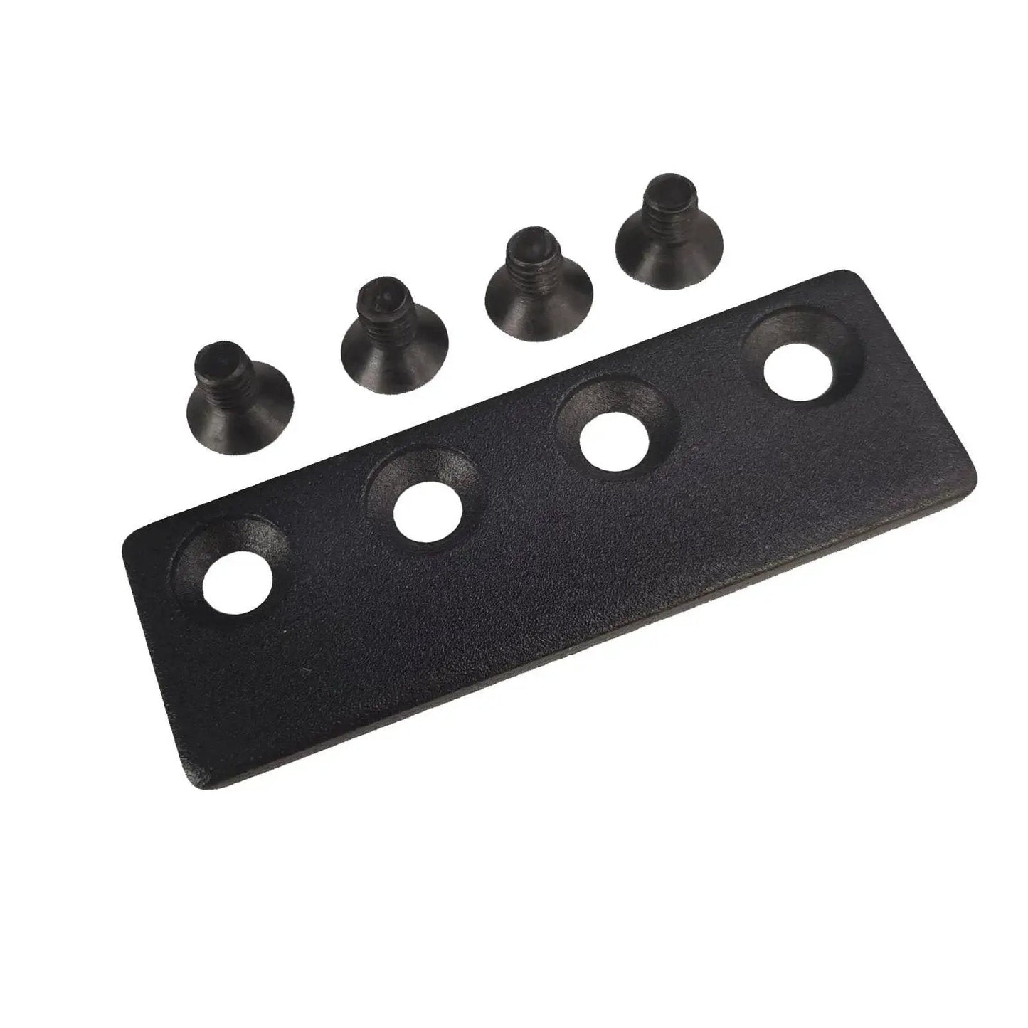 Sliding Barn Door Track Connector Black With A Frosted Finish Heavy Duty Steel And POM Nylon Hardware For Quiet Smooth Sliding And Durable Mounting On Standard Tracks Includes One Connector, showing the connector with four holes and accompanying hardware.