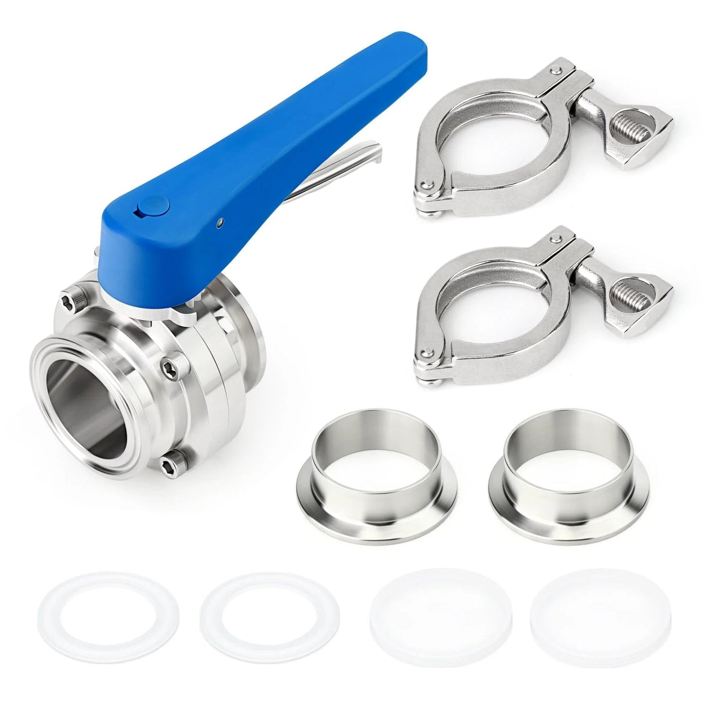 4 Inch Tube OD Butterfly Valve Kit For Stainless Steel Piping Systems With 119mm Ferrule Flange And 101.5mm Tube Connection, 304 Stainless Steel Construction, Tri Clamp Ends, Built Tough, Corrosion Resistant And High Temperature Ready