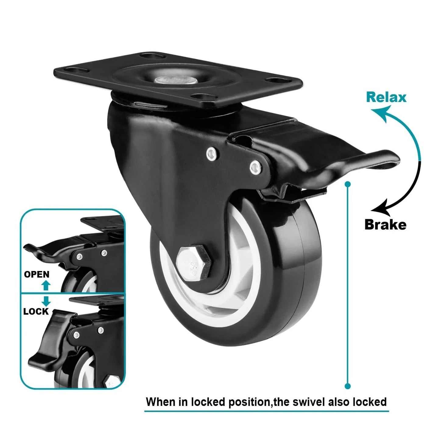 3 Inch Heavy Duty Caster Wheels Set Of 4 With Locking Industrial Swivel Casters showing brake and swivel mechanism.