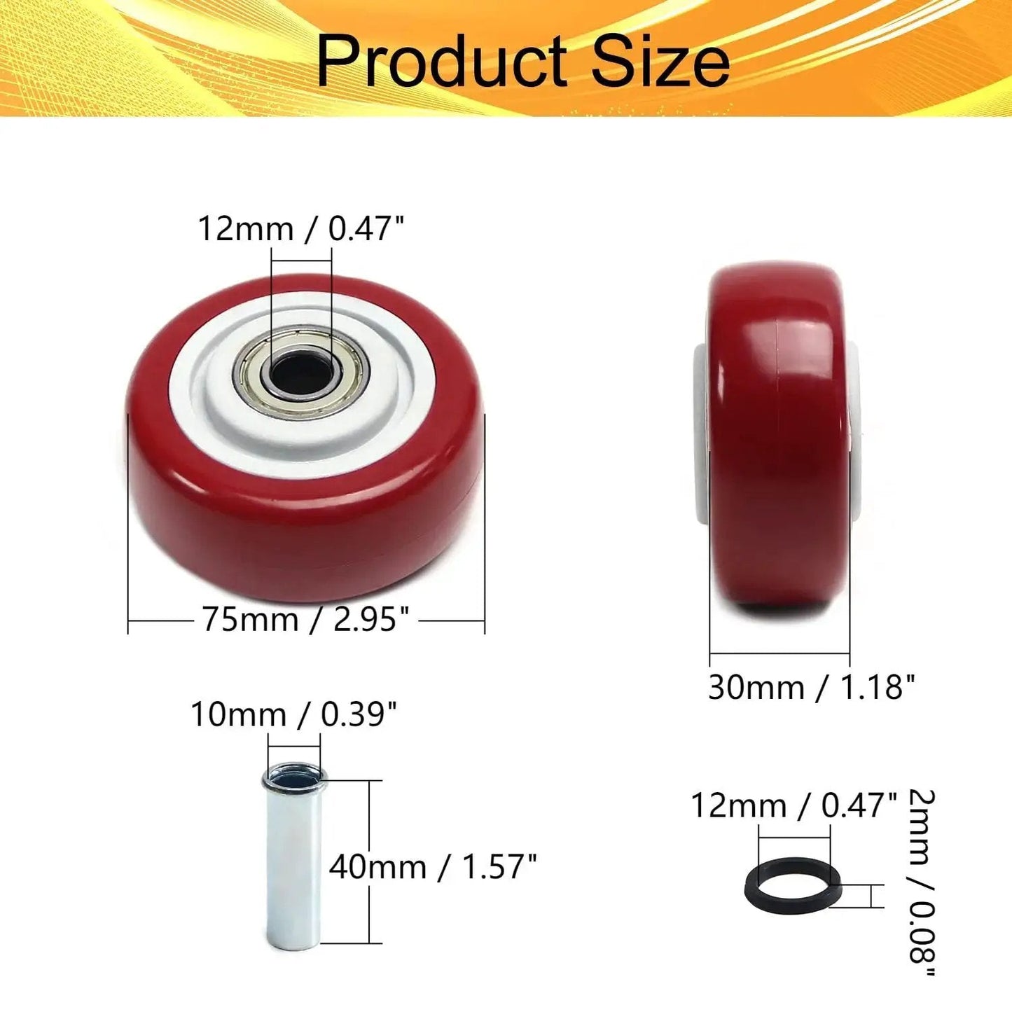 4 Pack 3 Inch PU Caster Wheels With 3 By 8 Bore Heavy Duty Plate Casters For Platform Trucks And Trolleys, side and front view sizing diagram