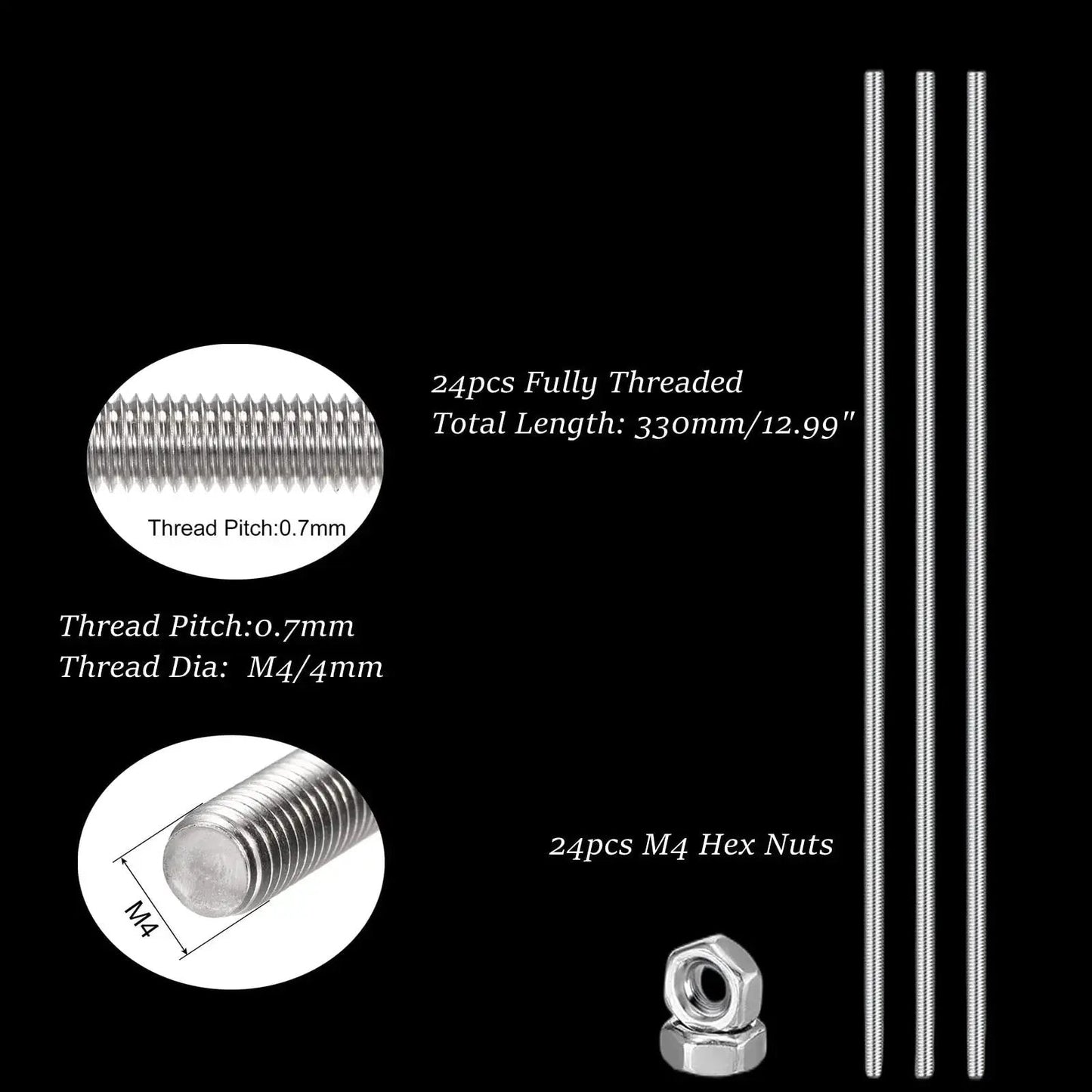 48 Pcs M4 Threaded Rods And Nuts Set 12.99 Inch Length For Clamps Garden Stakes, includes 24 rods and 24 hex nuts in stainless steel.
