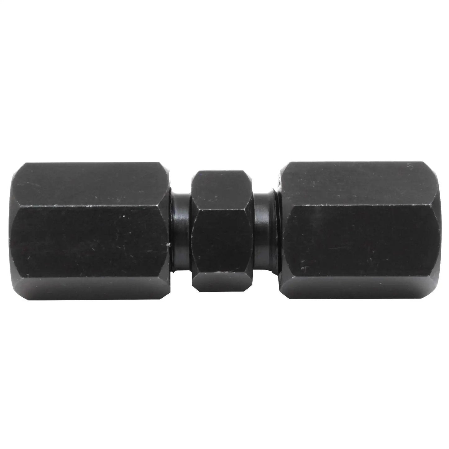 Leak Tight Built Tough One Quarter Inch High Pressure Compression Union For Steel Tubing Up To Five Thousand PSI Black Oxide Coated Steel.