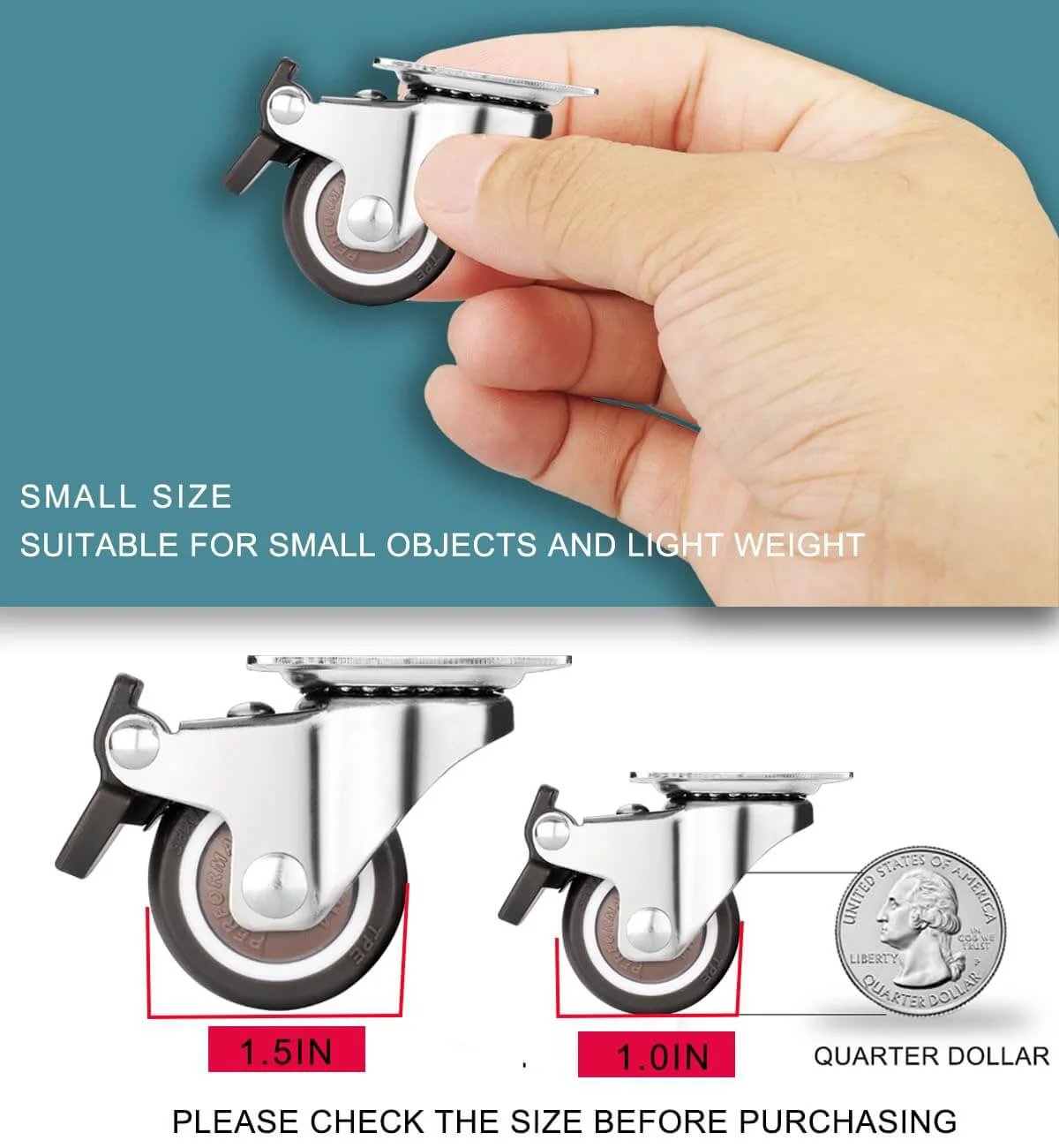 Small Caster Wheels 1" - Low Profile Swivel Casters Set of 4, Quiet Rolling Rubber Plate Wheels for Small Furniture in hand.