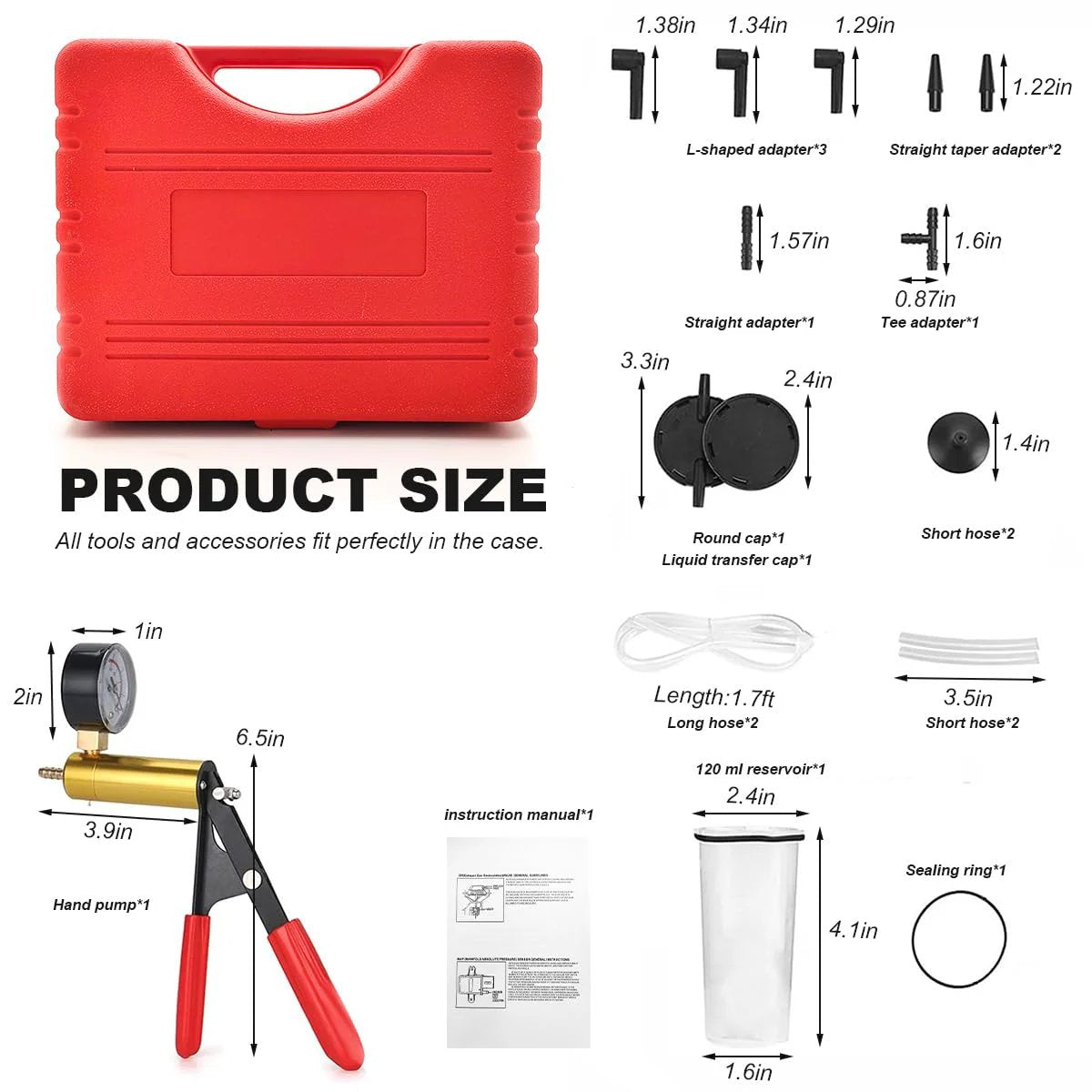 Hand Held Brake Bleeder Kit With Gauge And Adapters For Cars Trucks And Bikes SHMZK Vacuum Pump Pressure Tester in red case