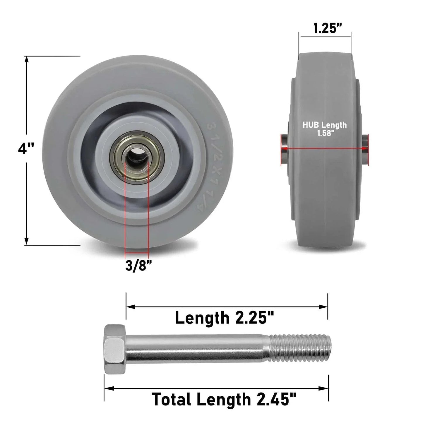 4 Inch Thermoplastic Rubber Caster Wheels Set Of 4 Heavy Duty Precision Bearing Non Marking Floor Safe And Floor Protective dimensions