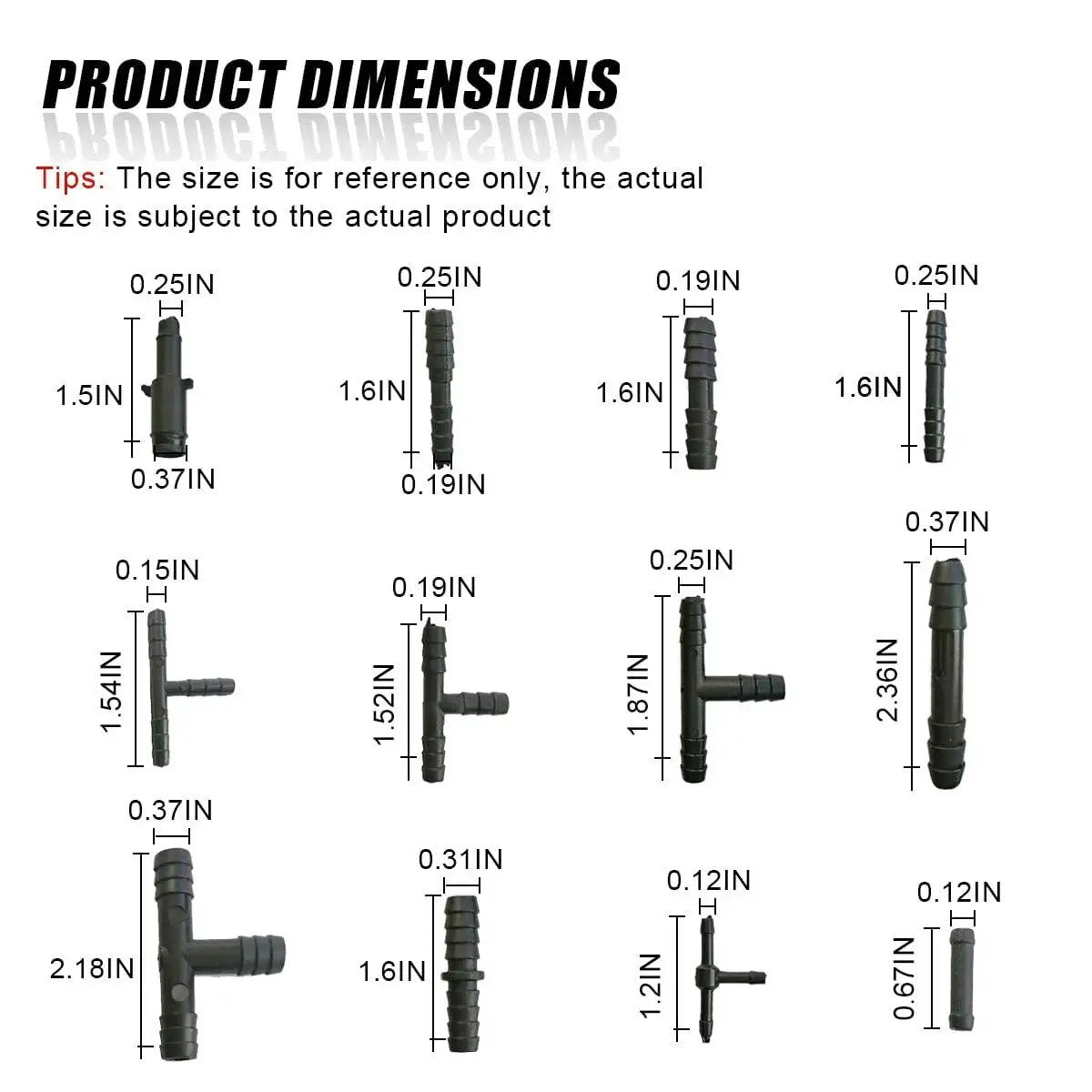 Dimensions diagram for Pro Grade Vacuum Line Connector Kit With 12 Sizes Heat Resistant Nylon Barbed Fittings For Auto Tubing