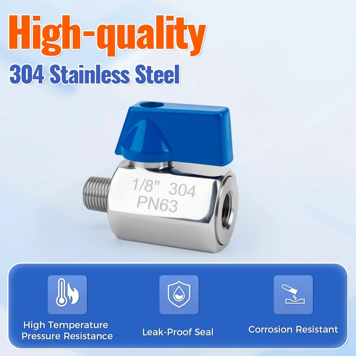 Front view of Two Pack One Eighth Inch NPT Mini Ball Valves in 304 Stainless Steel, showing compact and corrosion-resistant design.