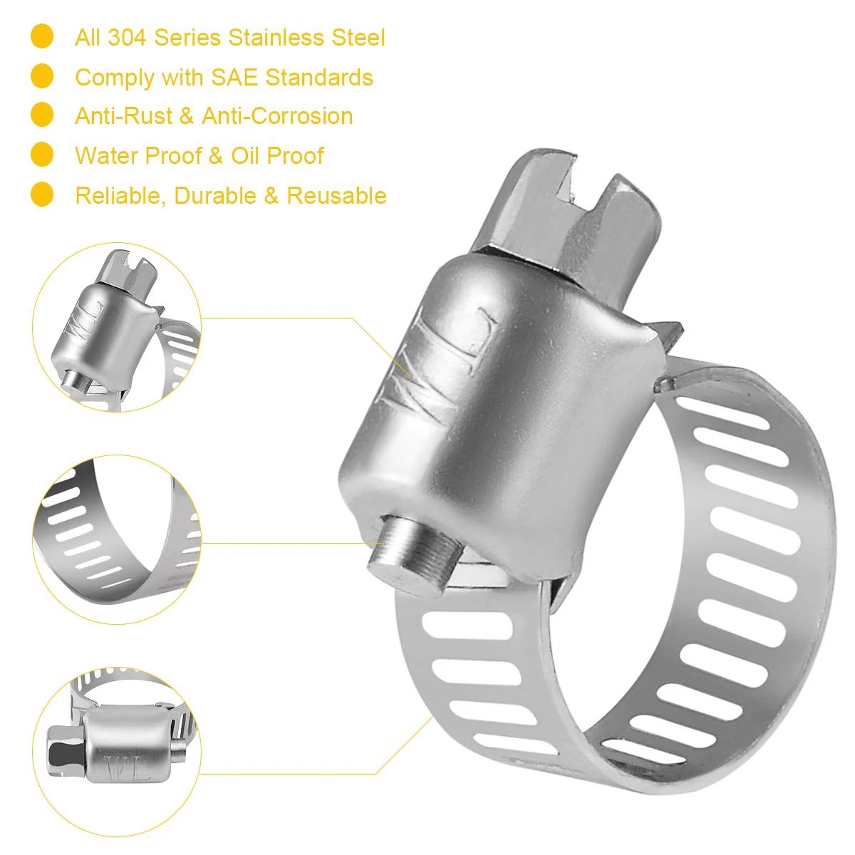 Beefy Premium Stainless Steel Hose Clamps Set Twenty Two Pack Micro Size Six Worm Gear Drive Clamps For Automotive Plumbing Fits Five Sixteenths To Seven Eighths Inch Range SAE Standard WINL close up