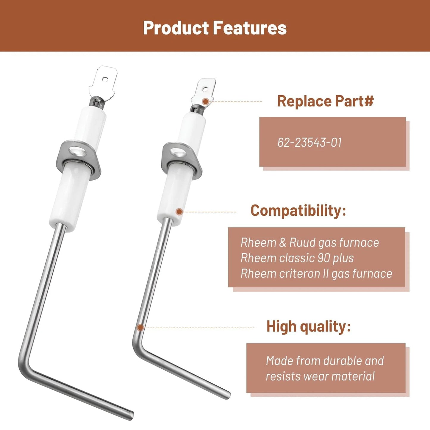 2 Pack Flame Sensor Replacement For Furnaces Compatible With 62-23543-02 03 04, Fits Rheem And Ruud Gas Furnaces, 62-23543-01 Replacement Sensor