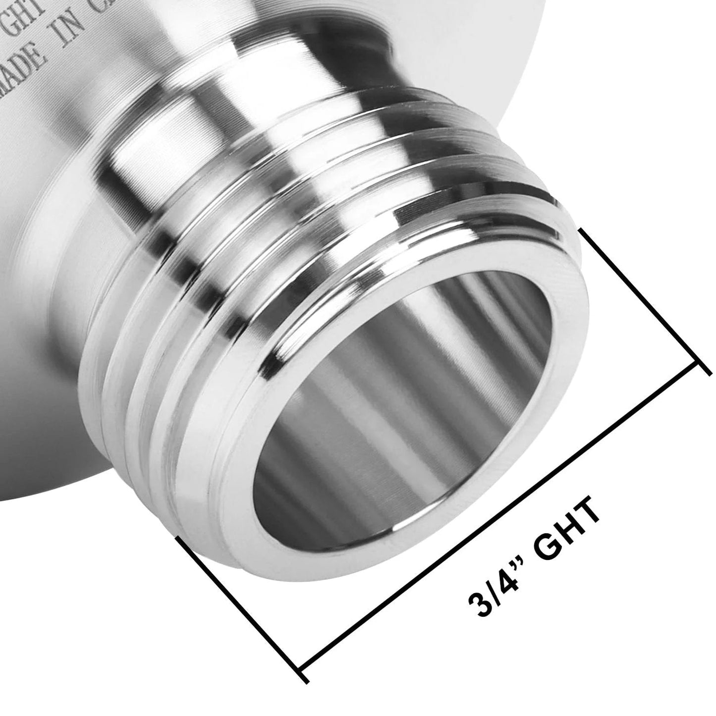 Close-up of 3/4 inch GHT male thread on Sanitary Garden Hose Thread Fitting 3 Quarter Inch GHT Male to 1.5 Inch Tri Clamp, SS304 Stainless Steel.