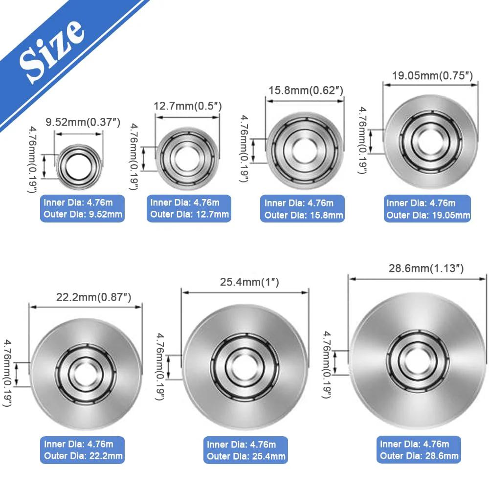Rabbet Router Bit Bearing Replacement Kit With Seven Top Mounted Bearings For Depth Control And Quick Swaps Includes Inner Diameter Three Sixteenths Inch And Outer Diameters Up To One And One Eighth Inches Plus Hex Keys And Screws Wolfride, displaying size specifications of different bearings.