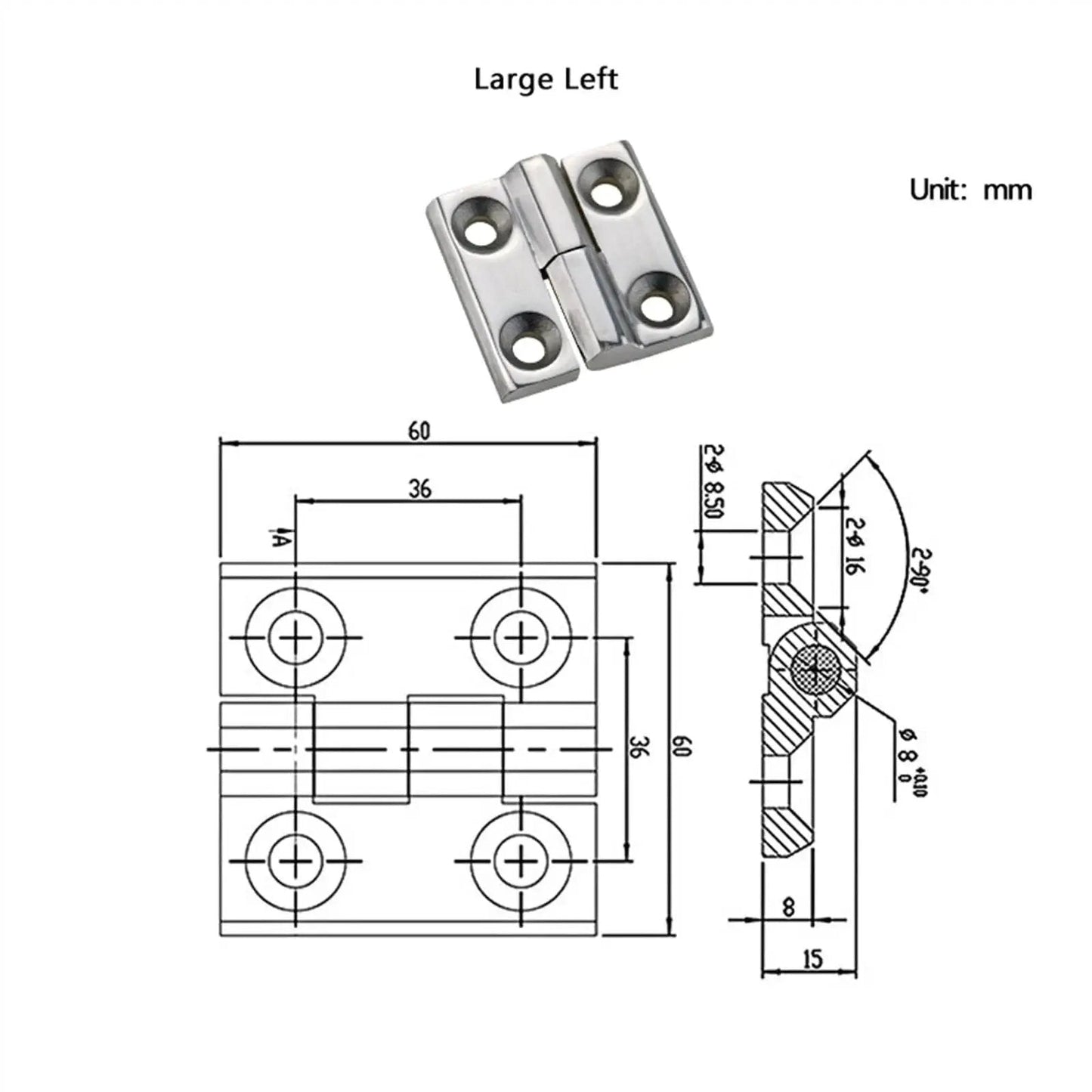 Diagram and image of Heavy Duty Detachable 304 Stainless Steel Hinge For Industrial Machinery And Equipment With Thickened High Load Capacity Polished Large Finish