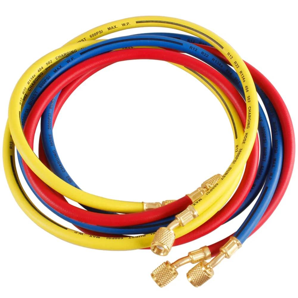 60 Inch Refrigerant Charging Hose Kit With 1/4 Inch Female Thread 600 to 3000 PSI Color Coded Red Yellow Blue Fits R12 R22 R134A 404 502 Car Air Conditioning And HVAC Manifold Gauge Hose Tube
