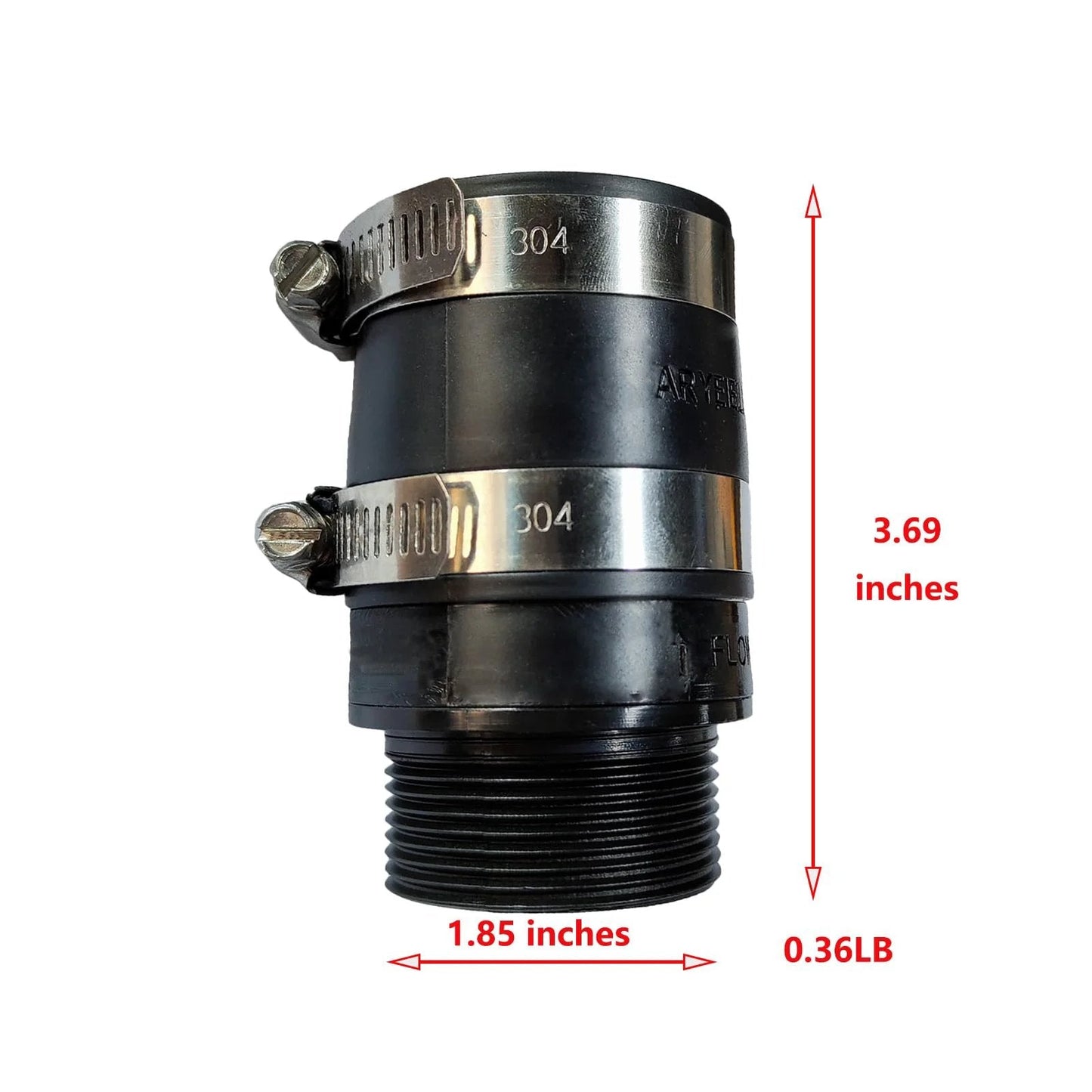 1-1/2 Inch Inline Check Valve With Stainless Steel Clamps Model 30-0238 Black Garden Hose Pump Discharge Fitting Vertical Install Only Pre drilled Weep Hole Durable Inline Valve For Backyard Water Transfer product image with measurements.