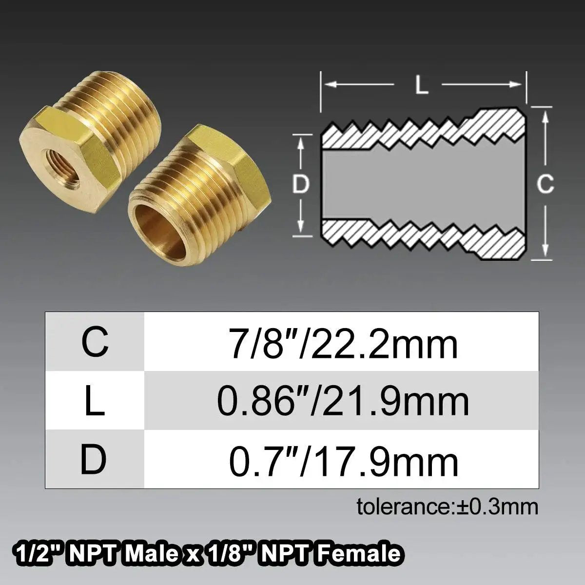 One Half Inch NPT Male To One Eighth Inch NPT Female Reducing Brass Pipe Fitting With Hex Head Bushing Adapter dimensions